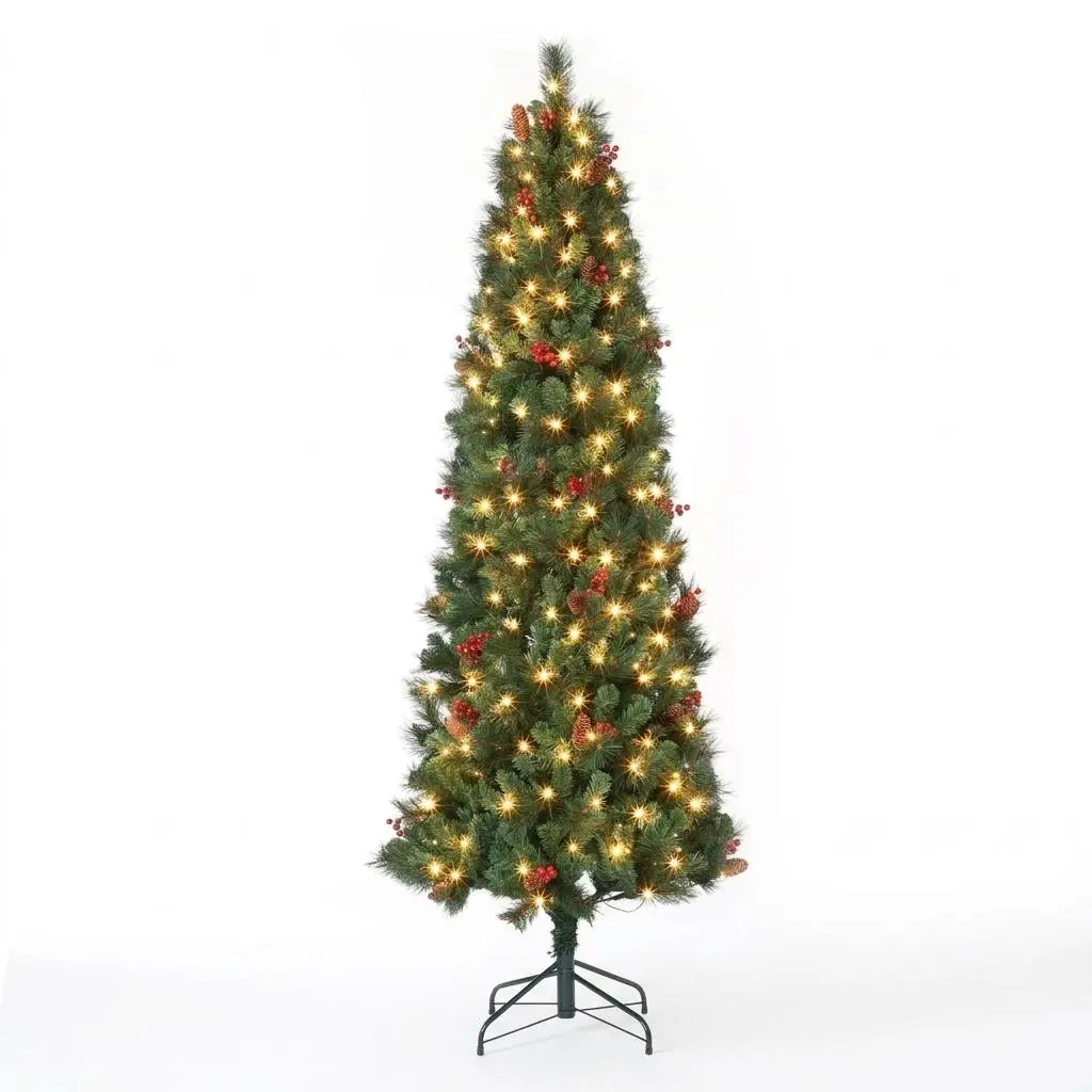 Garvee 7ft Pre-Decorated Artificial Christmas Tree, Faux Pine Xmas Tree with Pine Cones & Red Berries, Metal Stand for Home, Office or Shop Holiday Decoration