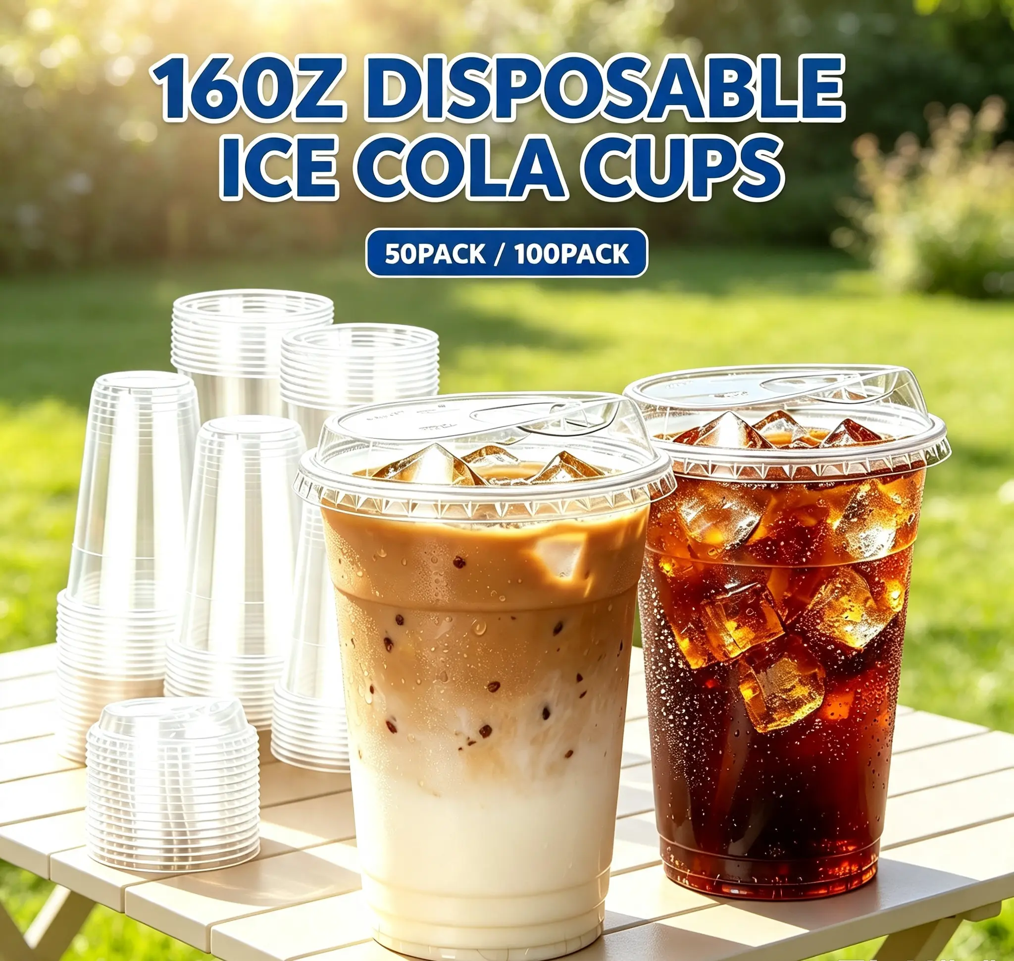 50/100 Pack Disposable PET Cold Drink Cups with Flip Lids, Clear Sturdy Plastic Cups for Parties, Picnics, Household & Holiday Supplies, Summer Must-Have, Beach & Camping Essentials