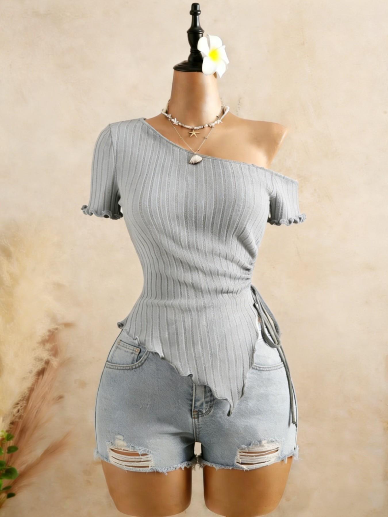Two-Piece Asymmetrical Shoulder Knit Top, Side Drawstring Irregular Hem, Bold Short Sleeve Design, Perfect for Trendy Adjustable