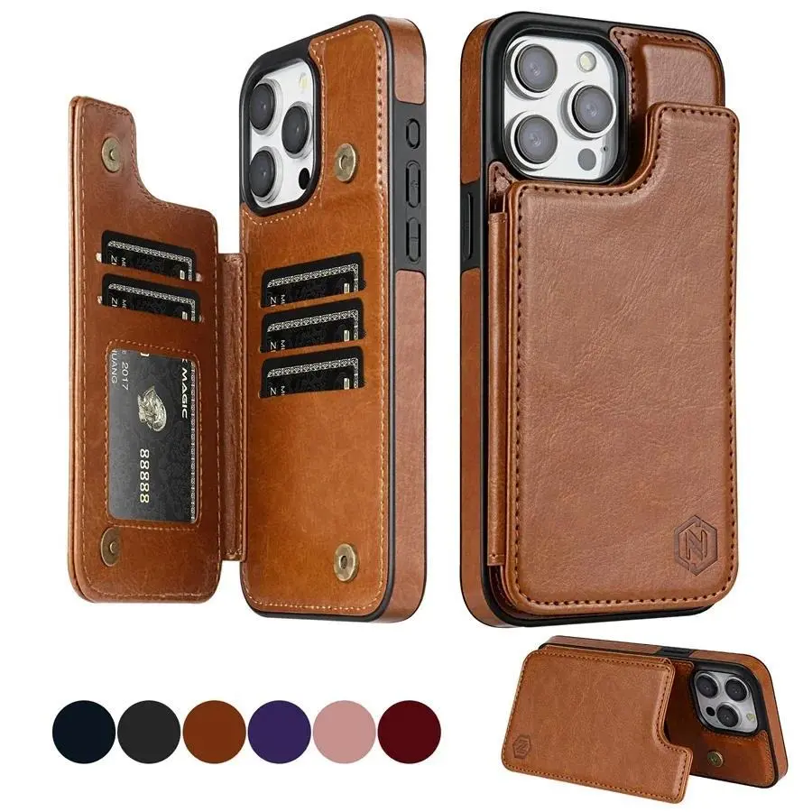 Magnetic Leather Smartphone Wallet Case with RFID Blocking Layer, Anti-Theft Protection - Handheld Card Accessories for iPhone 16e, 16 Pro Max, 15 Plus, 14, 13, 12, 11, SE2, XS, XR, 8, 7