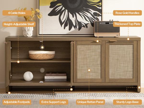 SICOTAS TV Stand for Living Room Boho Entertainment Center for Bedroom with 4 Rattan Cabinets Farmhouse Television Stands with Storage Large Wood Media Console Table for TVs up to 45 50 55 60 65 Inch