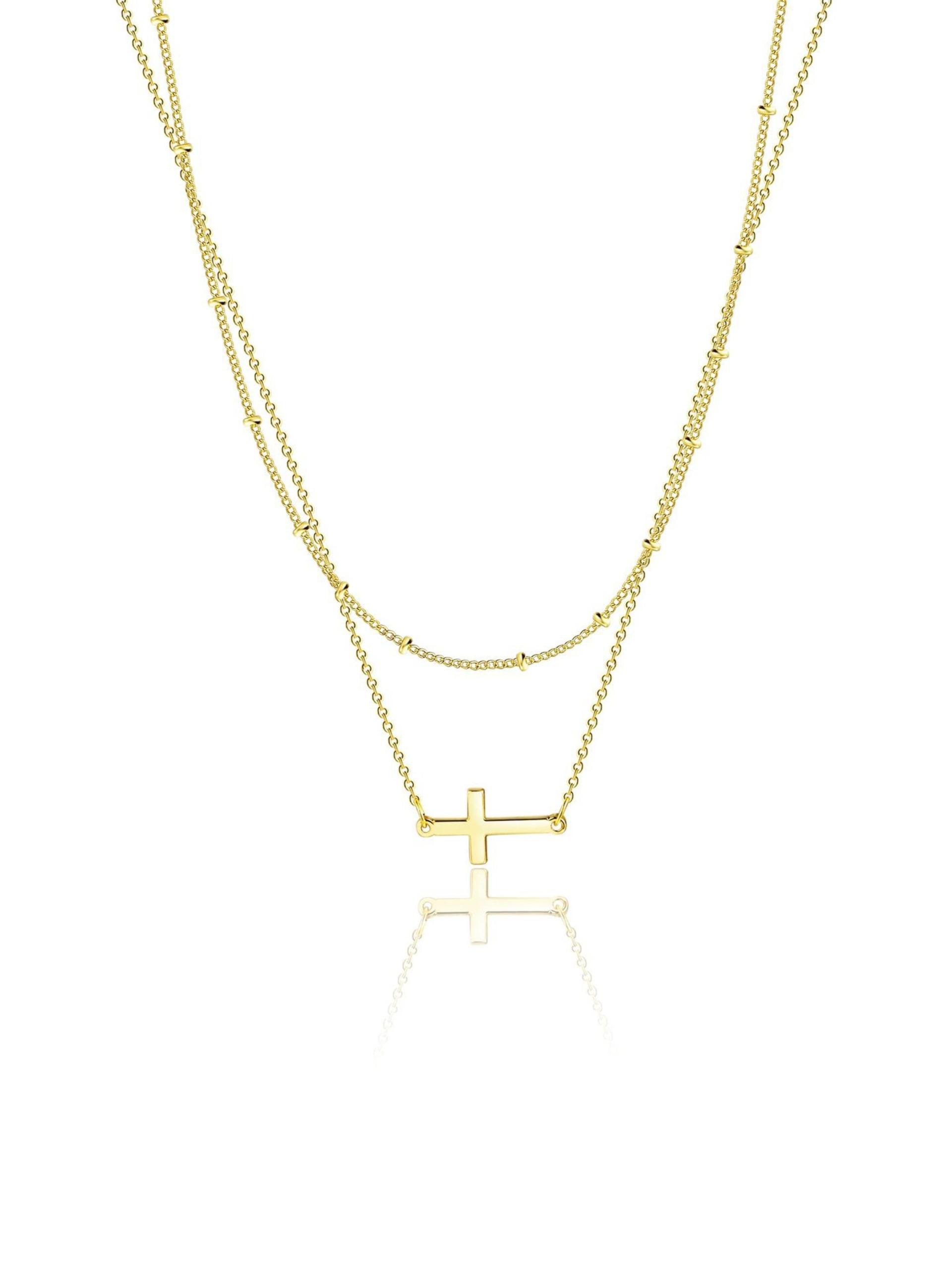 Women's Stainless Steel Cross Chain Beaded Necklace, Elegant Minimalist Design, Double Layer Crucifix Pendant Jewelry