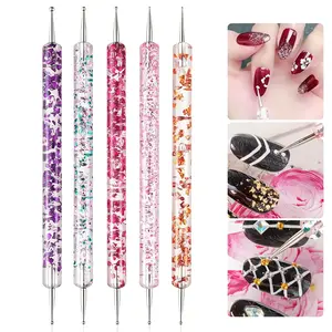 5 Pack Dual Head Nail Art Drill Pen, Acrylic Transparent Handle, Crystal Rod Drawing Dotting Brush, Manicure Tools for Nails