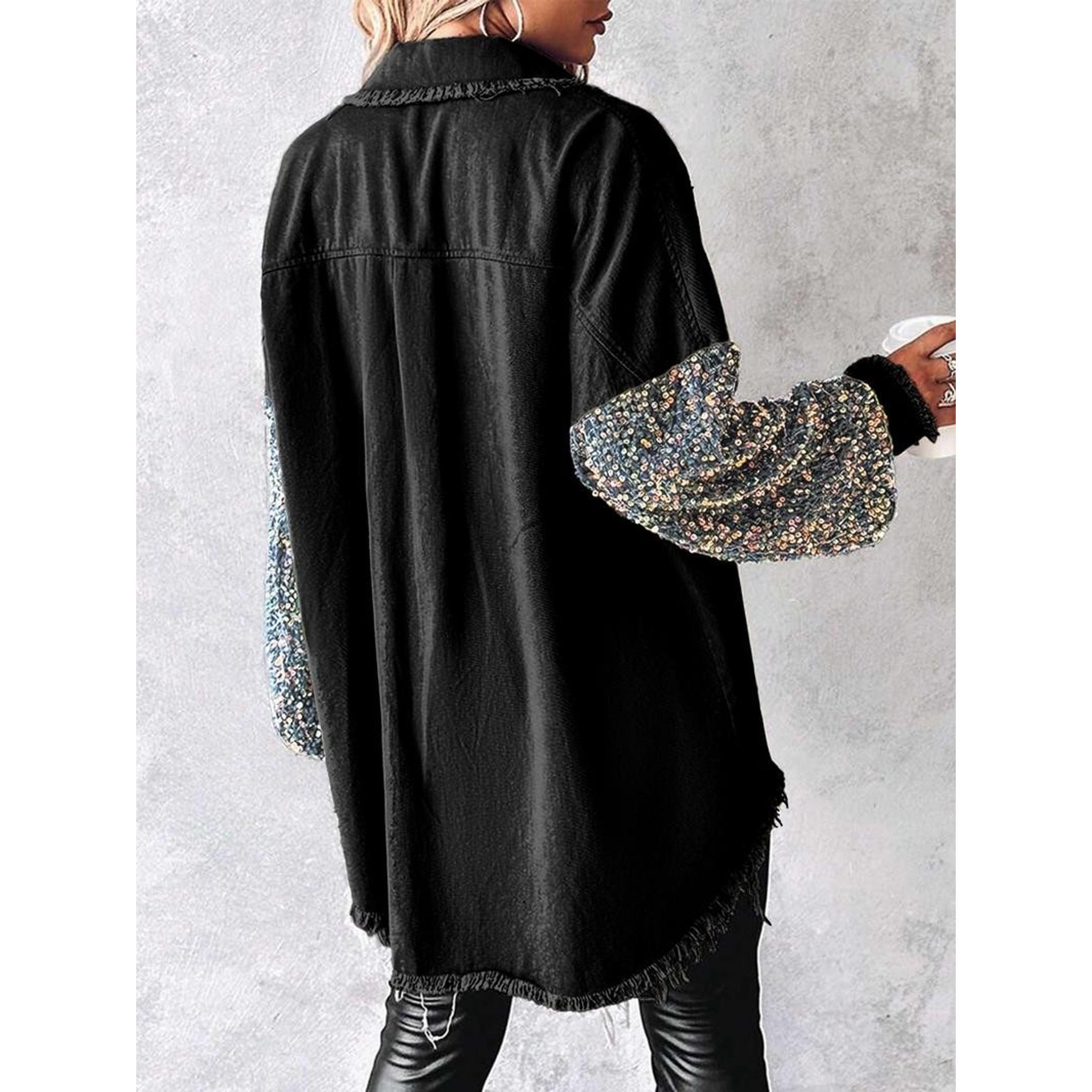 Women's Denim Patchwork Colorful Sequins Shirt Jacket, Cool Personal Style, Fringe Design, Daily Wear, Streetwear, Parties
