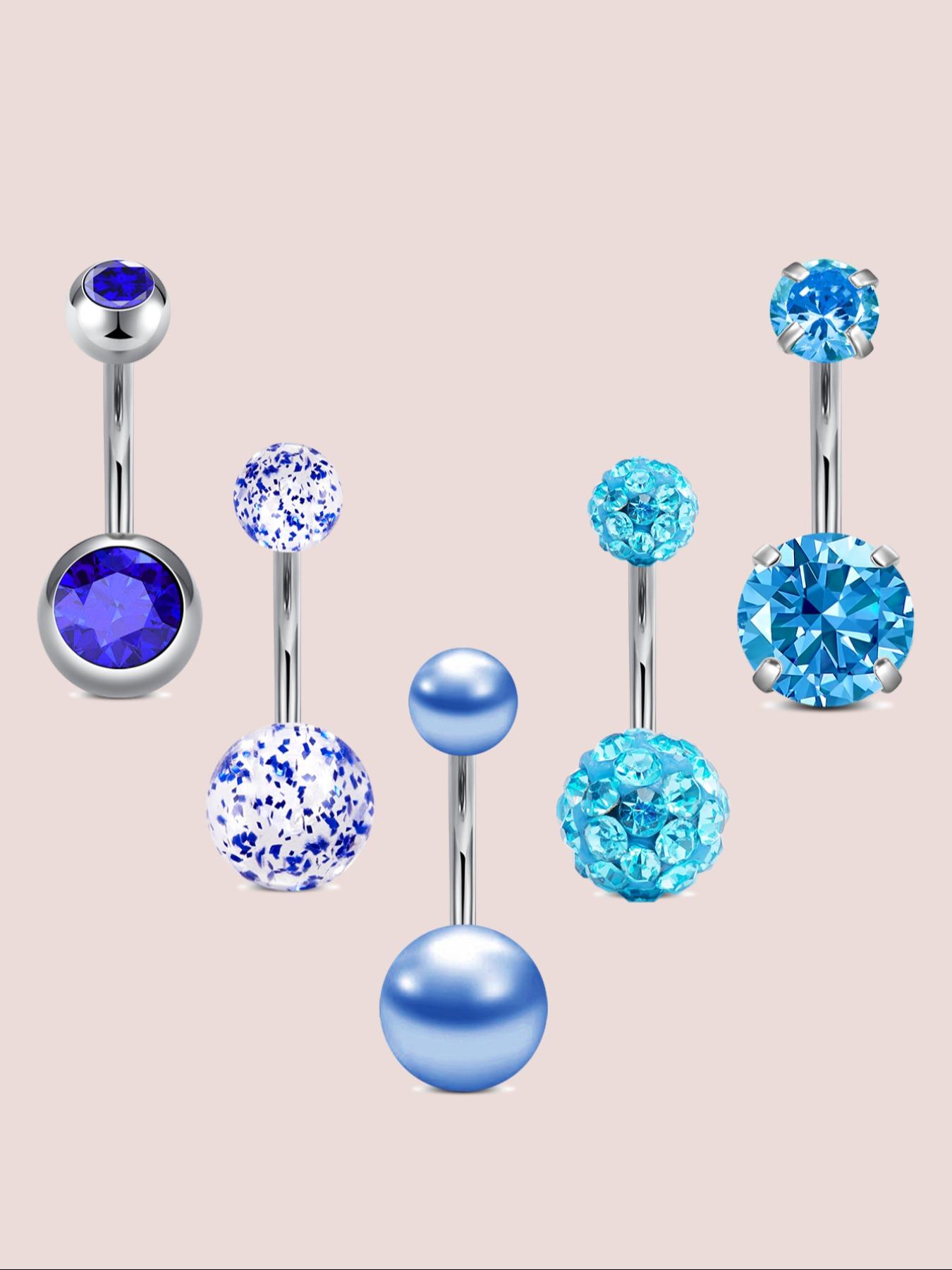 Stainless Steel Cz Belly Ring Set, Belly Button Piercing, 5 Counts Navel Piercing Jewelry, Elegant Design for Women and Girls, Perfect Gift for Holidays