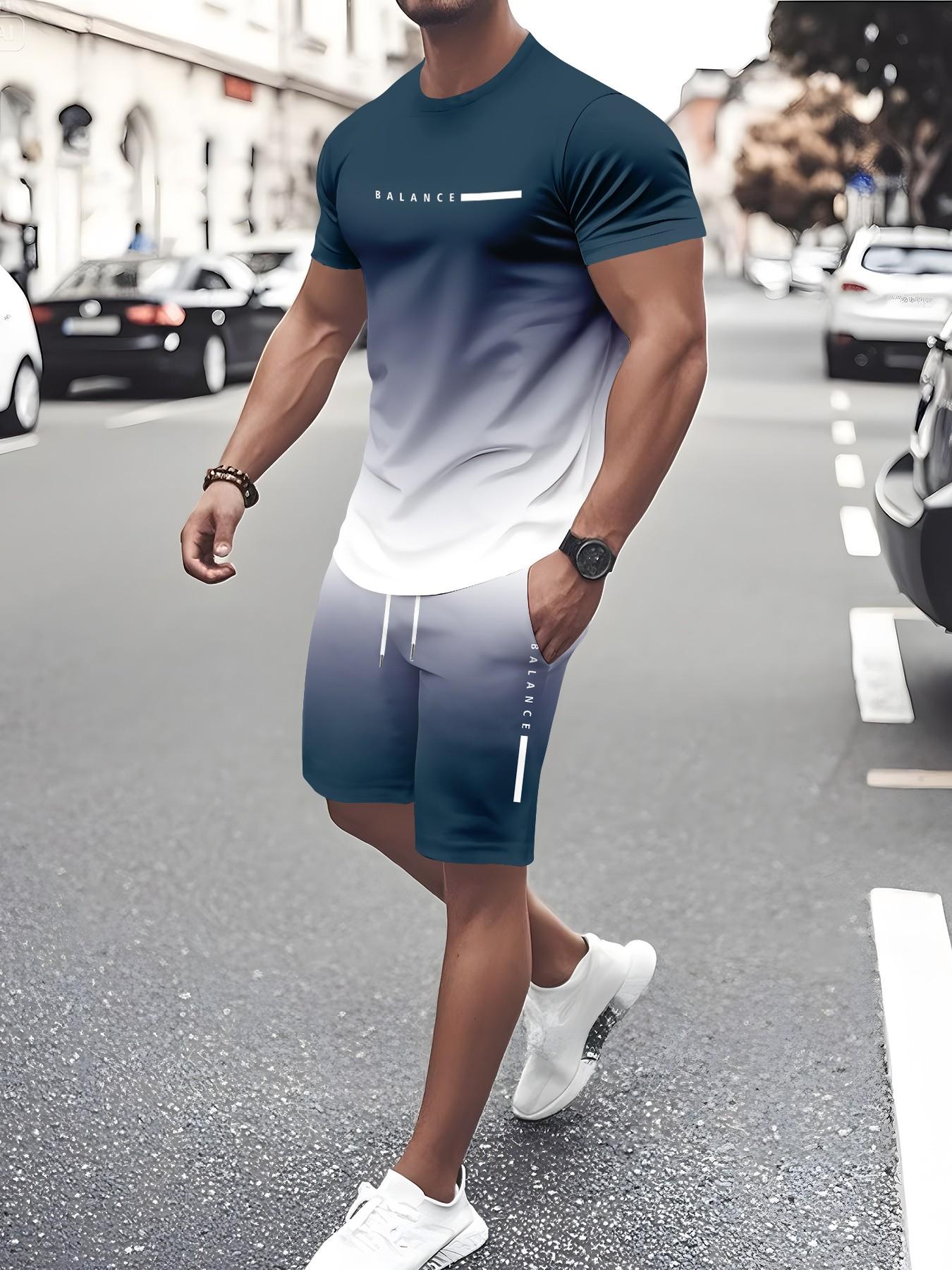 Men's Gradient Fitness Short Sleeve Set, Summer Trendy Sportswear Casual Two-Piece, Fitted Tee and Shorts, Regular Length Men's Gradient Fitness Short Sleeve Set, Summer Trendy Sportswear Casual Two-Piece, Fitted Tee and Shorts, Regular Length