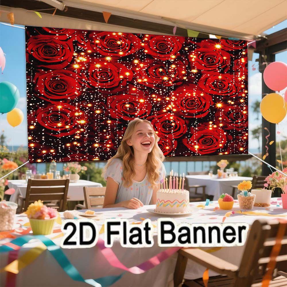 2D flat banner, 1pcMagical Red Rose Backdrop with Twinkling Lights, Romantic Rose Party Decor for Festive Events, Dark Background Sparkle Rose Decorations for TikTok Content