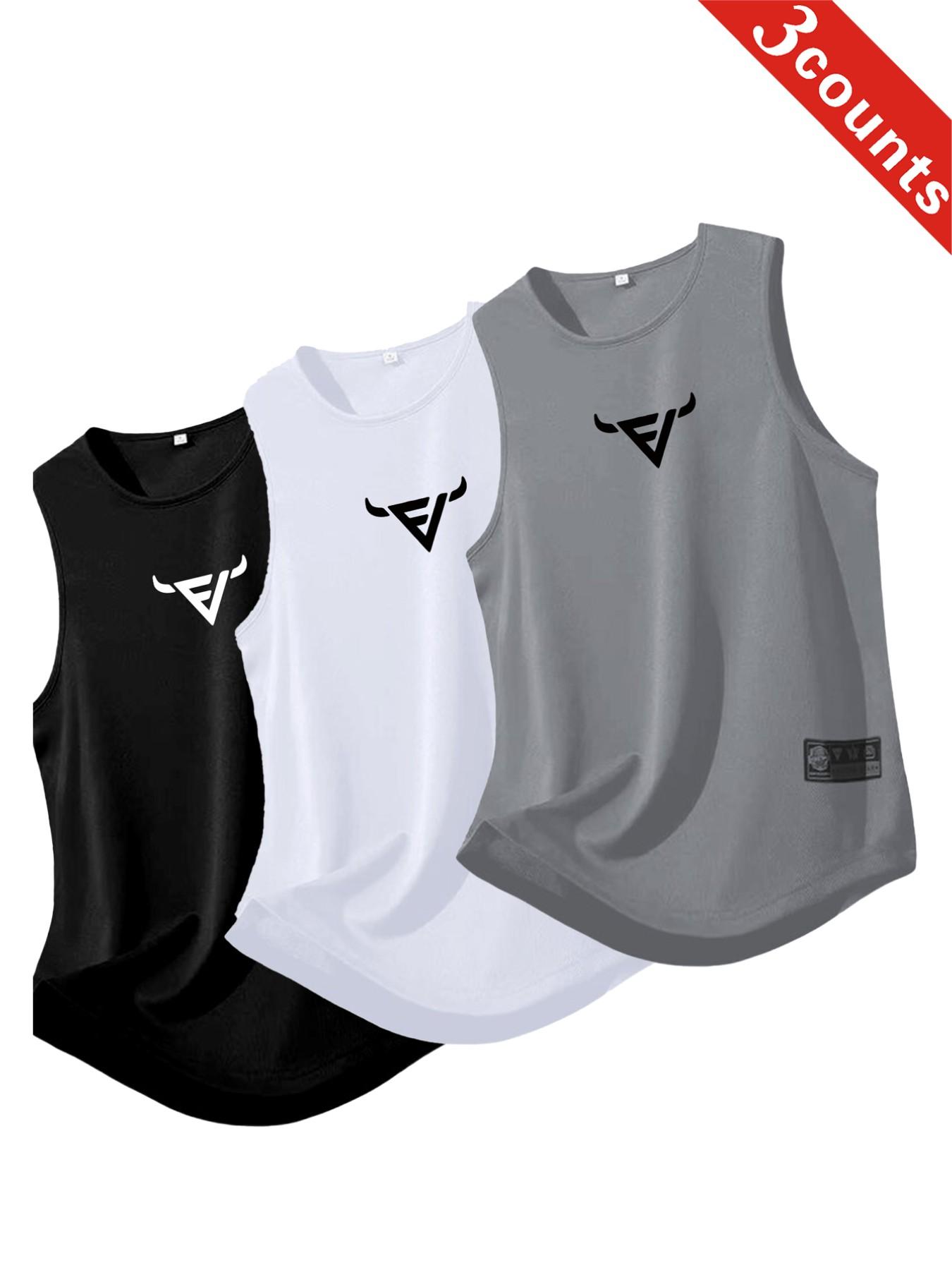 3-Pack Men's Sporty Vest, Quick-Dry Breathable Sleeveless Shirt, Ideal for Gym, Running, Basketball, Lightweight Polyester Print, Fitness Wear