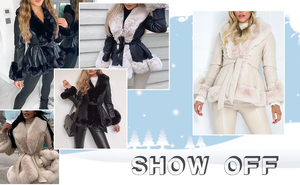 Danedvi Womens Faux Leather Jackets Winter Warm Short/Long Parka Coats with Faux Fur Collar Outwear