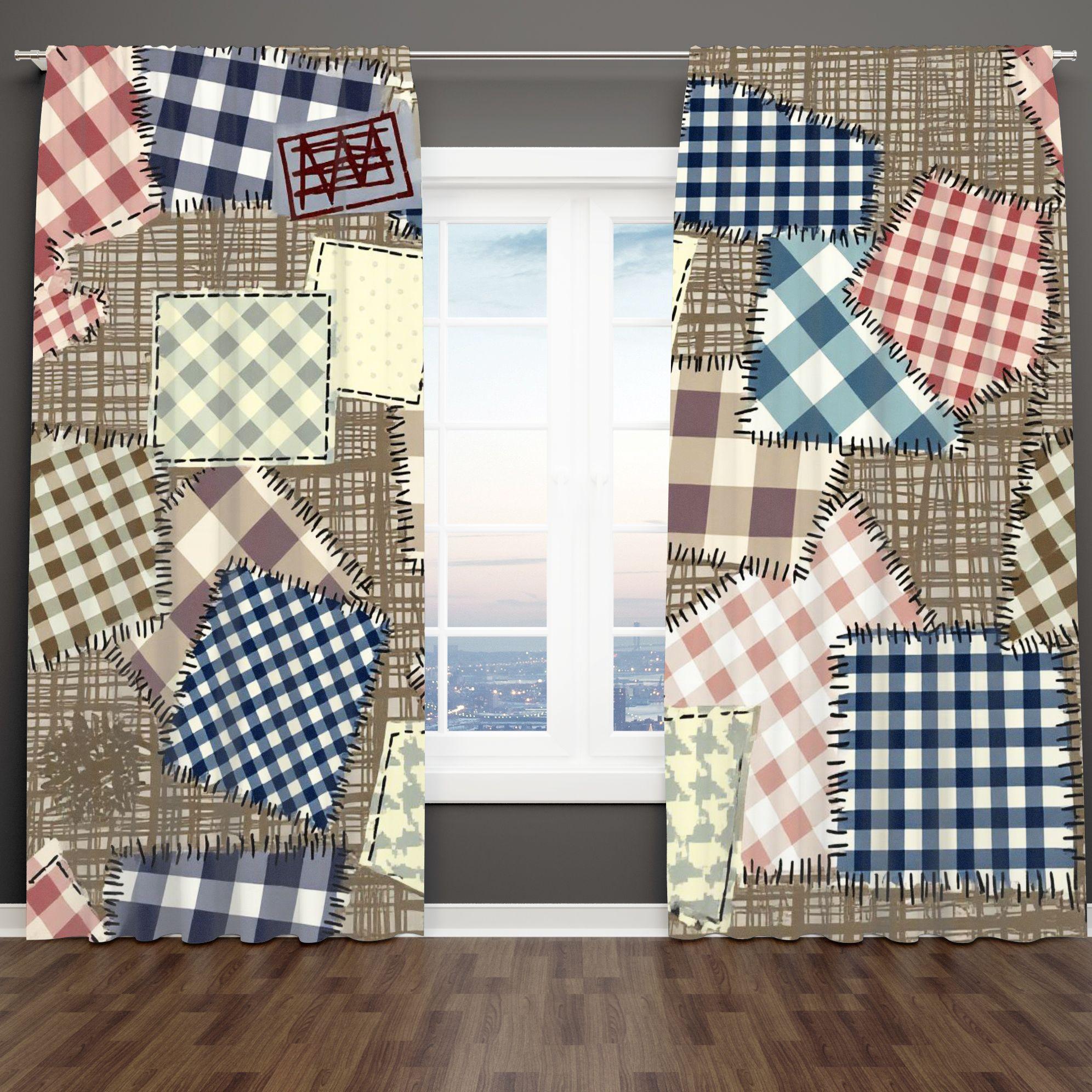 2D Flat Rustic Patchwork Checkered Curtain 2-Piece Set, Blue/Red/Brown/White Grid Patterns with Handmade Stitching, Light Yellow Subtle Gray Design Decor, Traditional Quilting Style Window Drapes for Living Room Bedroom