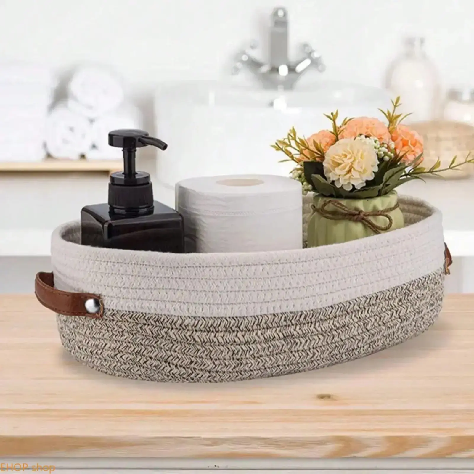 Boho Style Woven Storage Basket, Decorative Bathroom Organizer for Toiletries, Multi-Purpose Bohemian Household Basket with Durable Stylish Design