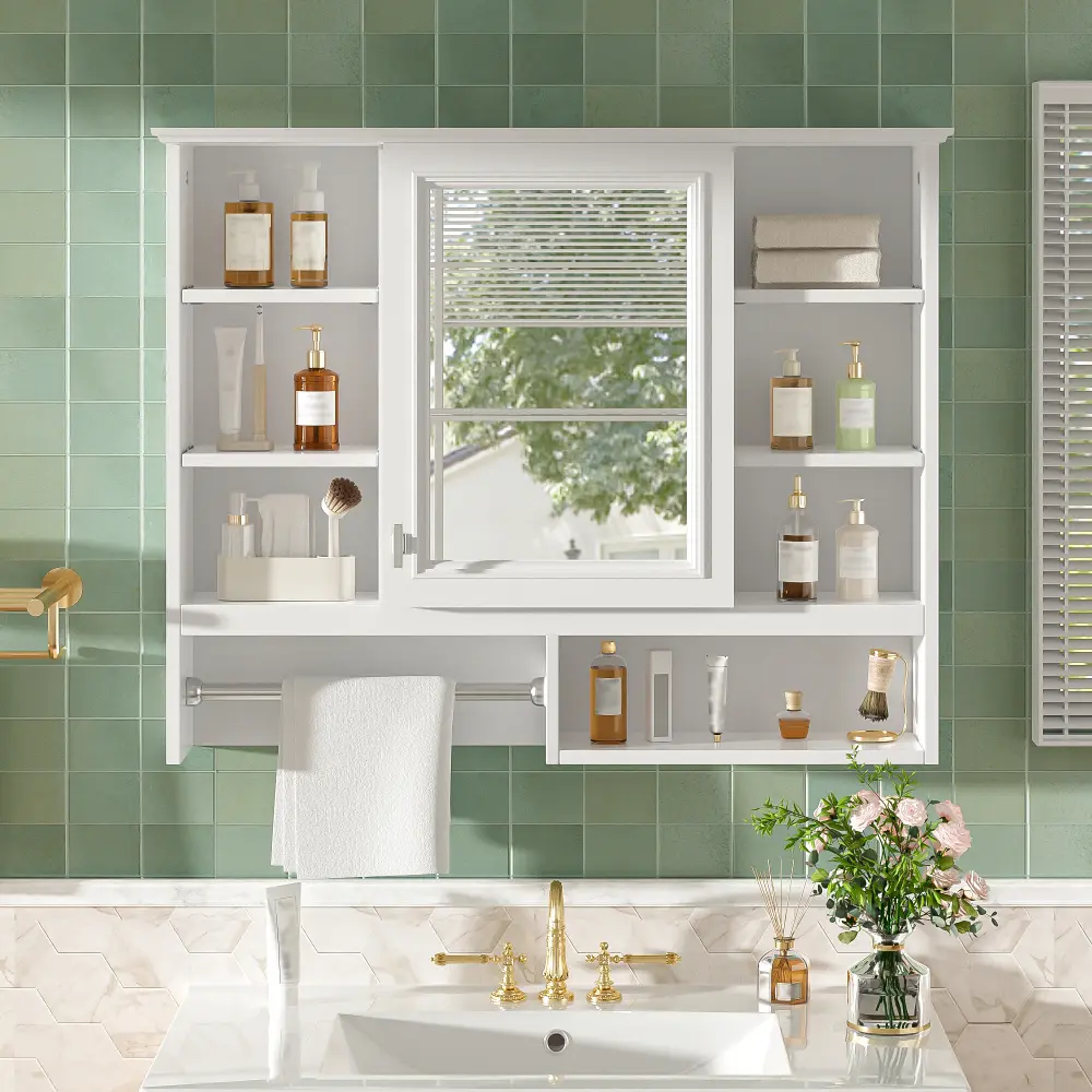 35 Inch Wall-Mounted Mirror Cabinet, 2-in-1 Bathroom Medicine Cabinet with Adjustable Shelves, Soft-Close Hinges & Open Storage Shelves, Bathroom Vanity Organizer, Bedroom & Living Room Storage Cabinet