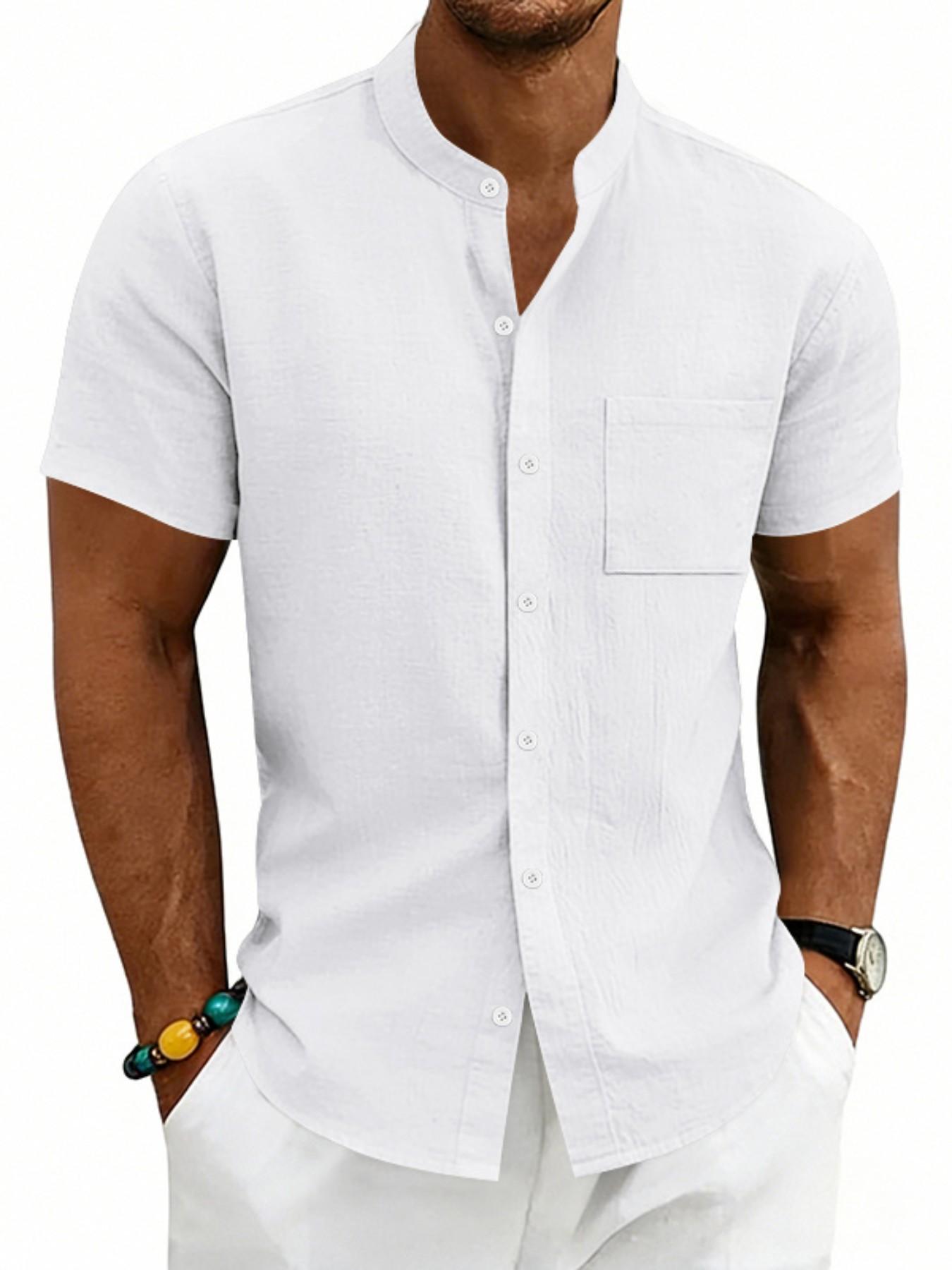 American Summer Linen Casual Men's Hawaiian Shirt, Simple Retro Stand Collar Short Sleeve, Comfortable and Stylish Summer Wear