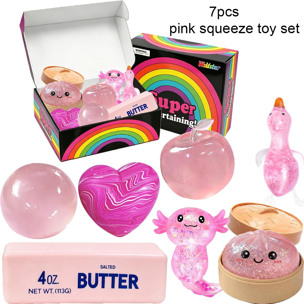 7 Pack Pink Series Glitter Squeeze Stress Relief Toys, Stress Relief Fidgets, Soft Portable Sensory Fidget Balls, Apple Round Ball Swirl Heart Butter Stick Bun Salamander Duck Squishy Toys, Ideal Birthday & Party Gifts for Kids Adults Anxiety Relief