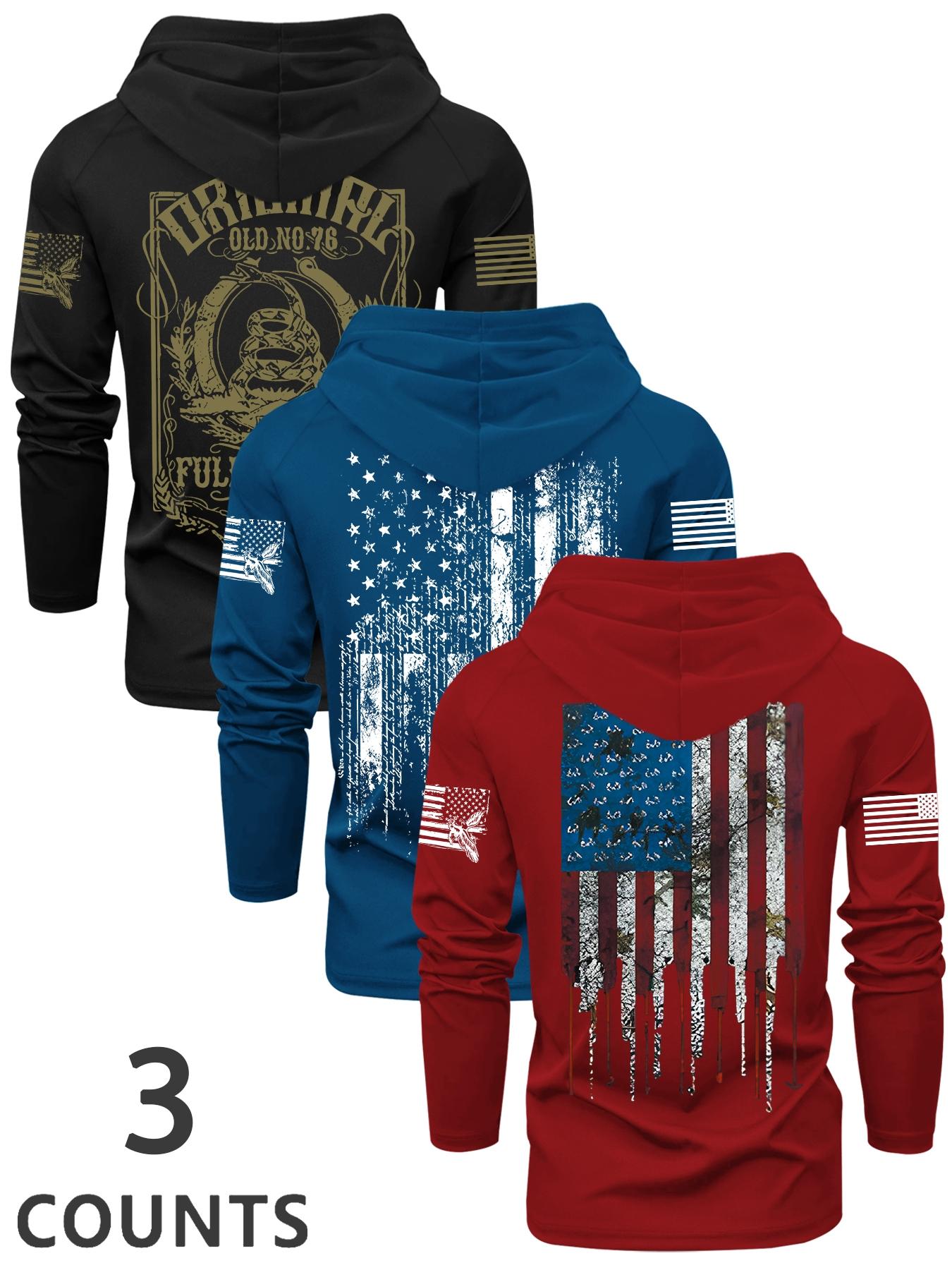 Men's Flag Series Print Hooded Long Sleeve T-Shirt, Fall & Winter Outdoor Casual Fitted Top, 3 Pack Set, Casual Outdoor Pullover, Casual Streetwear Sweatshirt