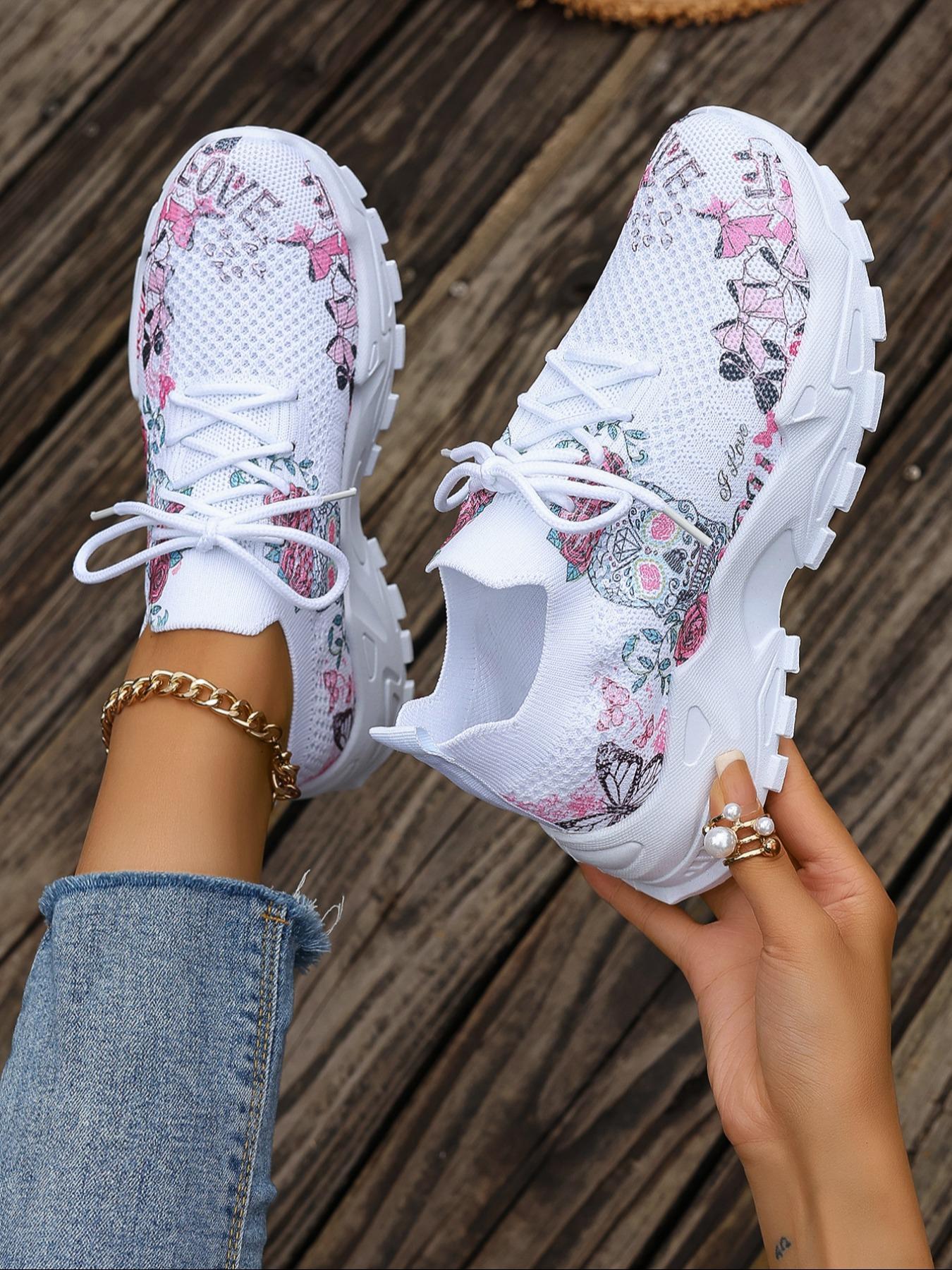 Women's Fashionable Floral & Skull Pattern Lace Up Sneakers, Casual Comfortable Breathable Sports Running Shoes, All-match Basic Trainer for Daily Wear, Casual Running Footwear