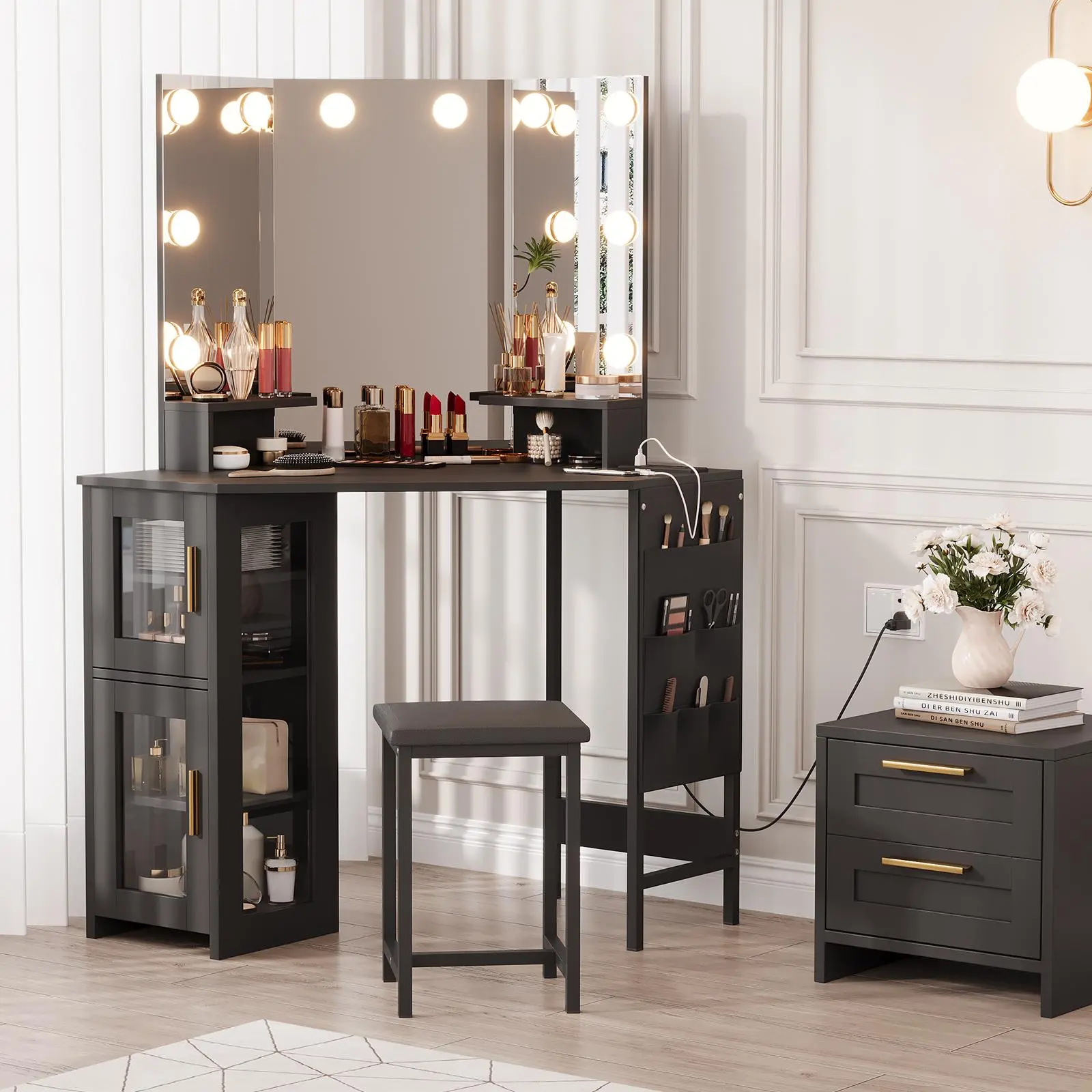 GARVEE Glam Durable Wood/MDF Corner Vanity Desk Set - Indoor Corner Furniture with LED Lights, Large Desktop, 1 Type-C Port, 1 USB Port, Power Outlet Station, Storage Cabinet, Matching Stool, 22"d x 44"w x 46"h, Bedroom Ideal, Adjustable Thoughtful Gift,