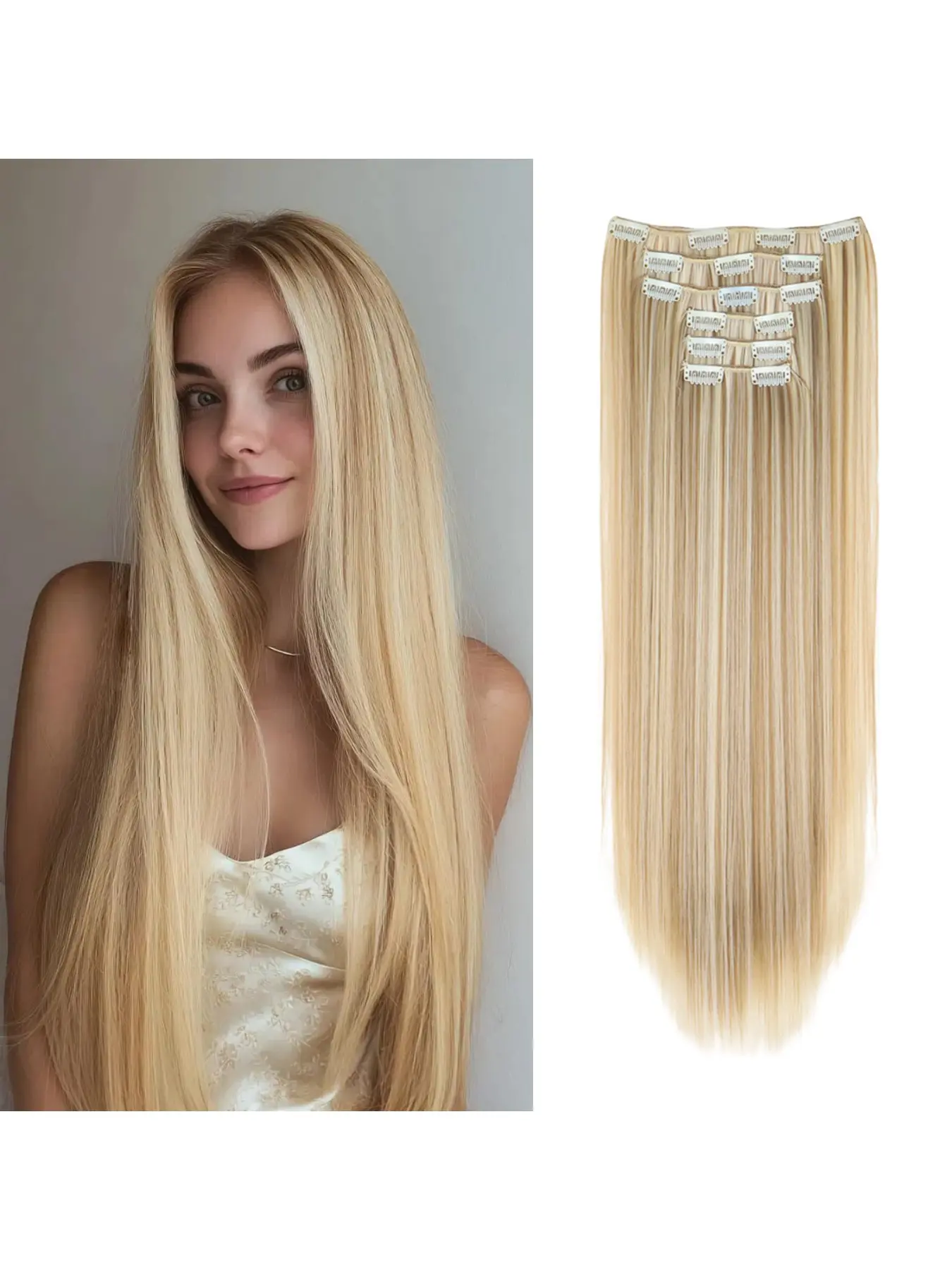 Hair Extension Clip in Straight 24" Synthetic Invisible Extensions | 6Pcs Hair Extensions Long Natural Fluffy and not tangled Clips on Hairpieces for Women Thin Wedding Halloween