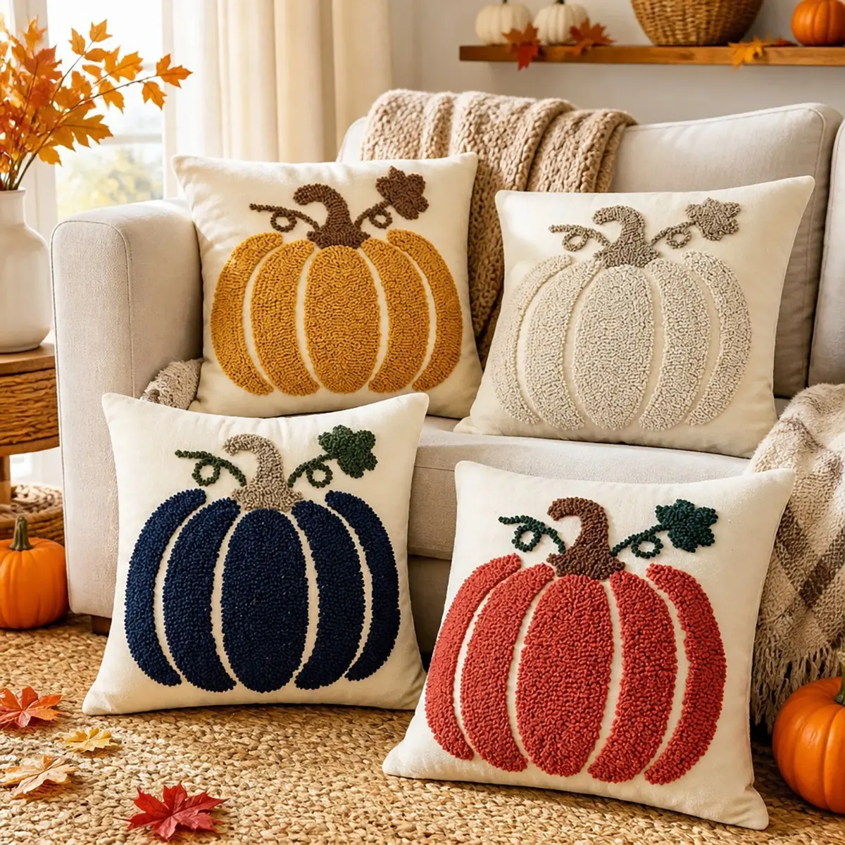 Farmhouse Pumpkin Pattern Fall Pillow Covers - Cozy Vibes Textured Fabric Cushion Cases for Living Room Sofa, Seasonal Decor for Halloween Thanksgiving (Sports & Outdoor Themed Home Accent)