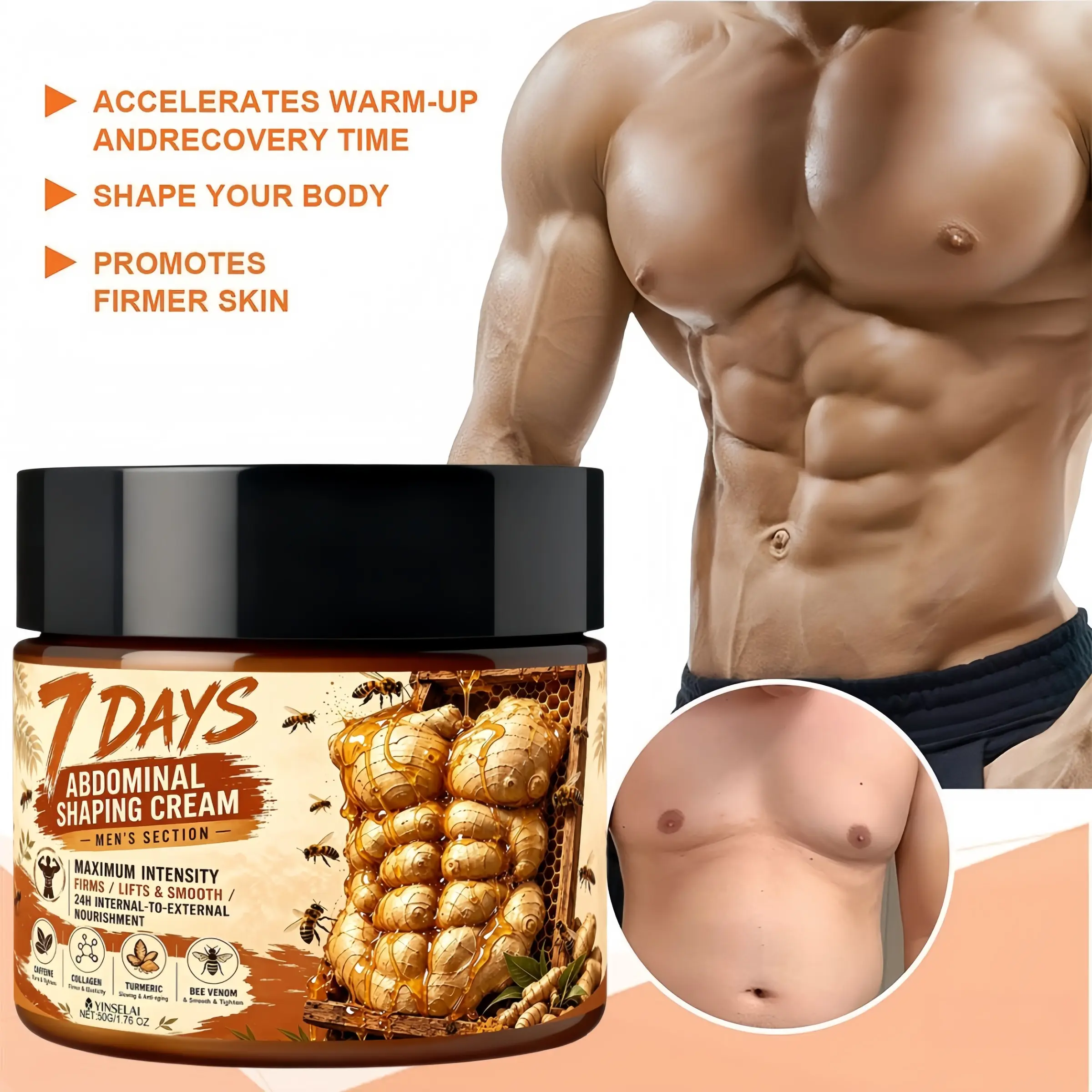 Men’s Abdominal Skin Care Cream, Nourishing Body Moisturizer, Infused with Collagen, Caffeine, Turmeric & Bee Venom, Support Skin Elasticity, Smooth & Soft Abdomen Skin, Daily Body Grooming Cream for Men