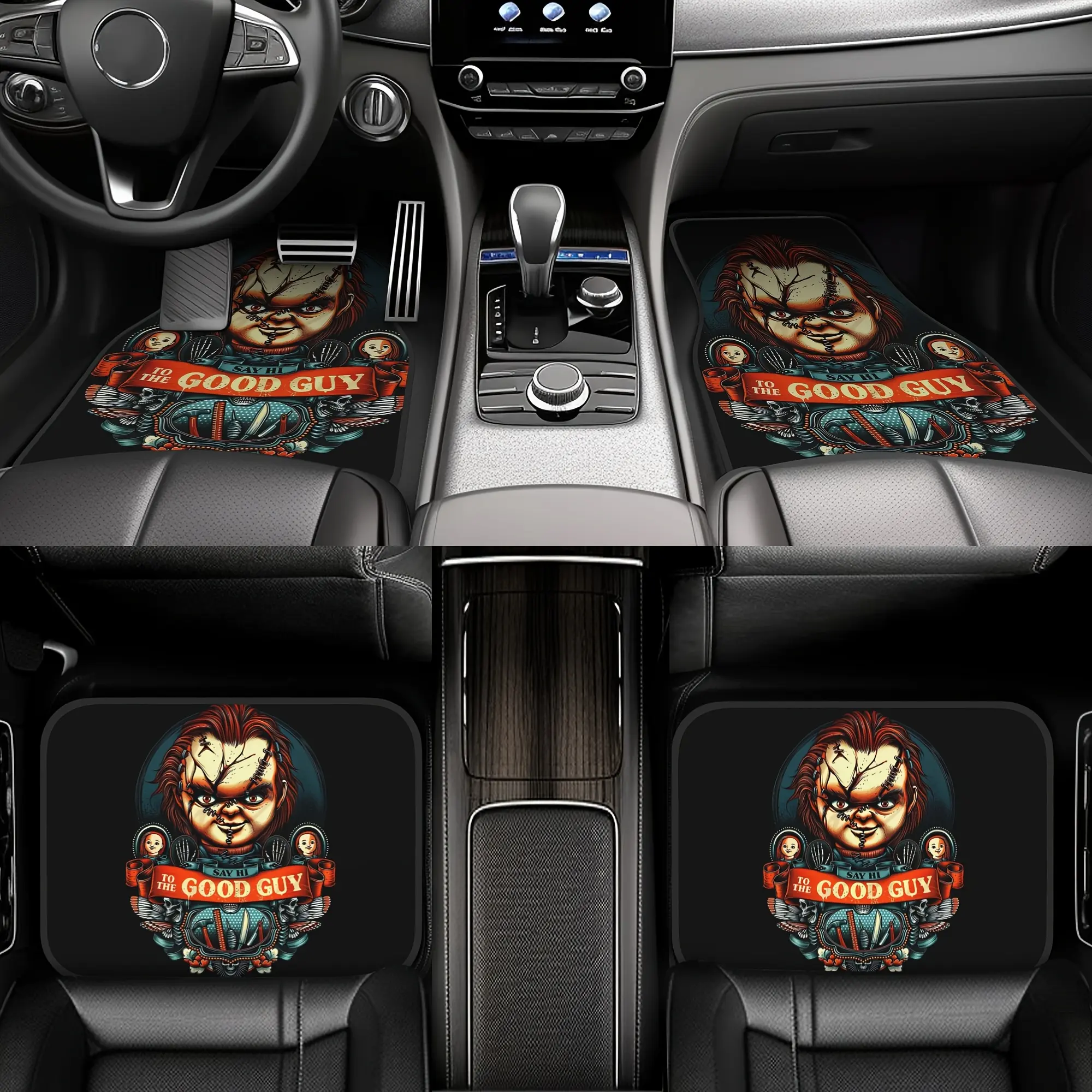 4 Pic Front And Rear Seat Car Mats with Horror Anime Movie Character Prints, Suitable for All Seasons, Anti Slip, Anti Stain And Easy to Clean, Interior Additions for All Car Models, Mother'S Day Gift, Father'S Day Gift