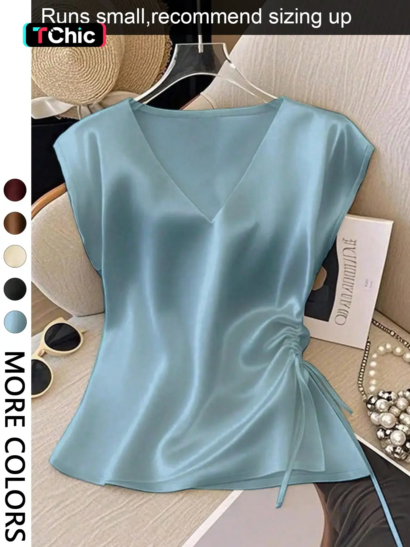 Women's Elegant Simple Solid Color V-Neck Batwing Drawstring Side Ruched Satin Blouse Shirts, Summer Wear, Fashionable Blouse