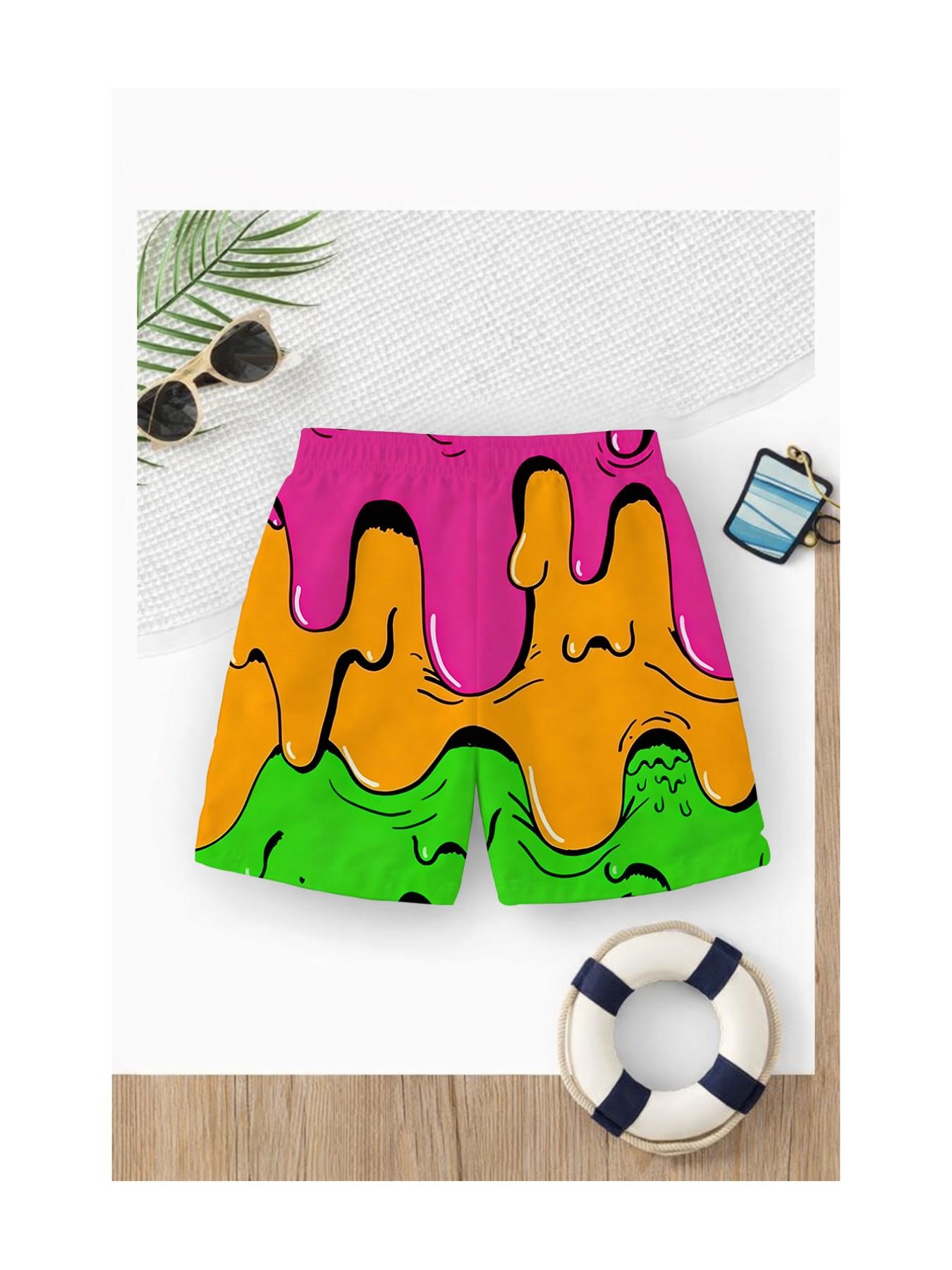 Summer Boys' Fun Melted Graffiti Print Drawstring Beach Pants, Casual Slim-Fit Short Swim Trunks, Trendy Coastal Vacation Wear