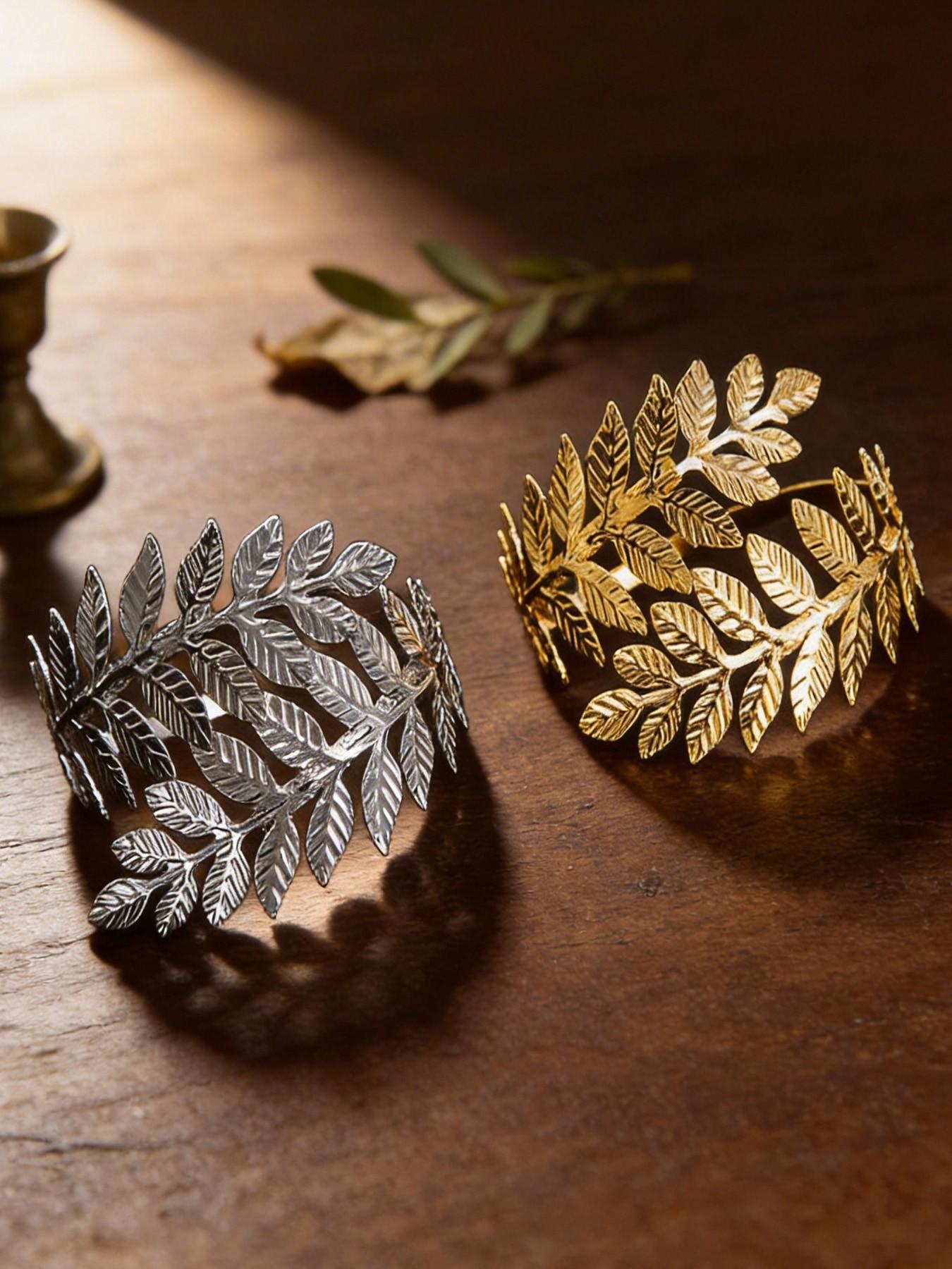 Metal Leaf Open Arm Ring, Fashion Exaggerated Roman Personalized Branch Adjustable Bracelet, Holiday Party Preferred Accessory