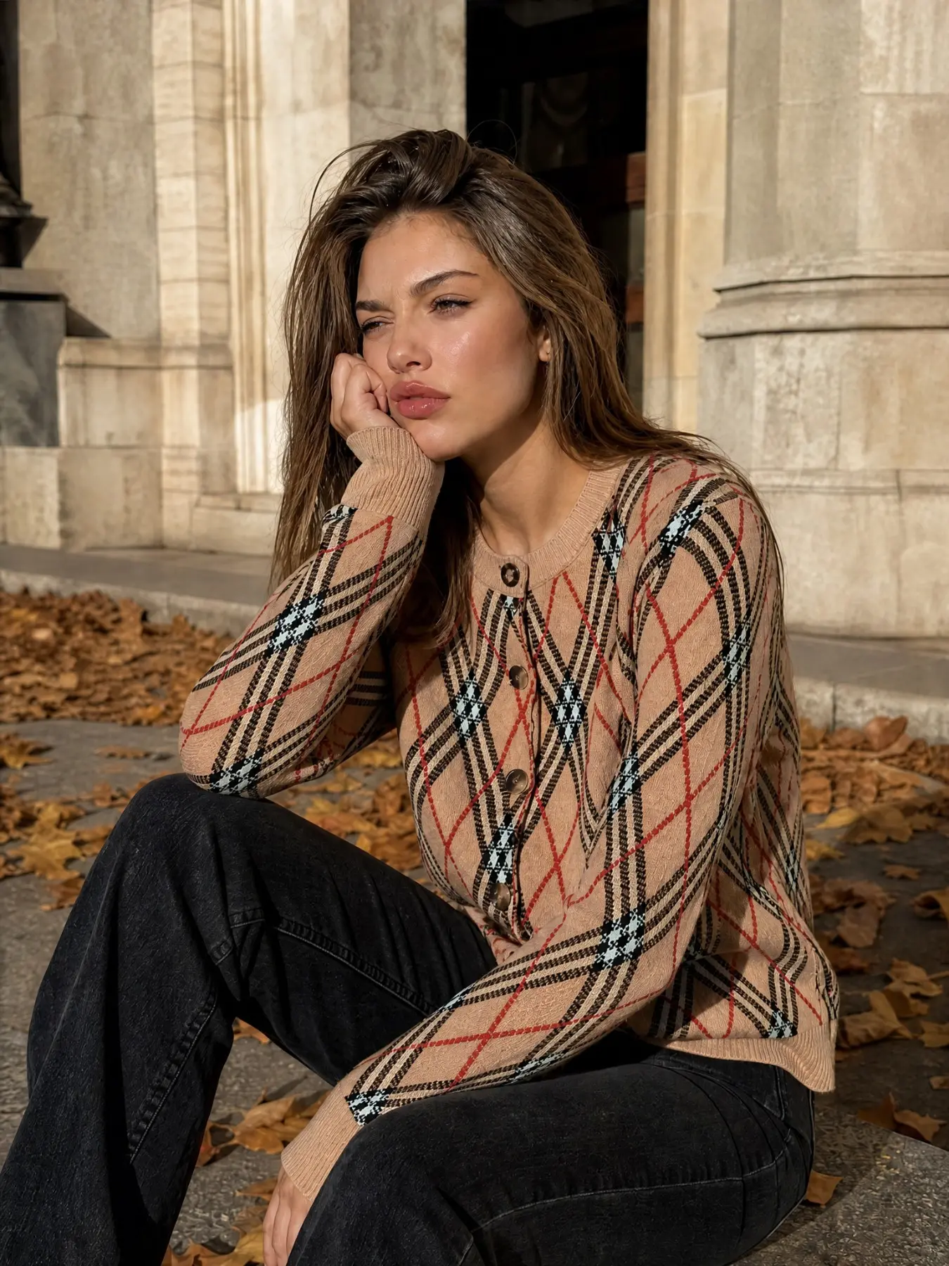 New Fall Winter Women's Plaid Knit Cardigan, Short Sleeve Round Neck Single Button Sweater Coat, Casual Streetwear for Daily Wear
