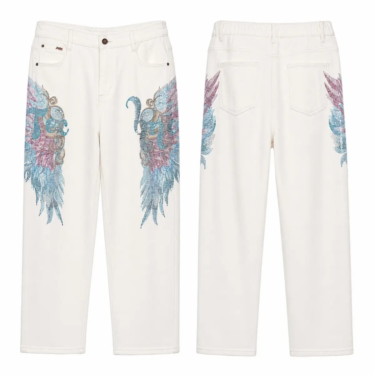 TCH - K Y2K Off-White Rhinestone Angel Wing Baggy Jeans Men Women Vintage Oversized Straight Leg Denim Pants Streetwear