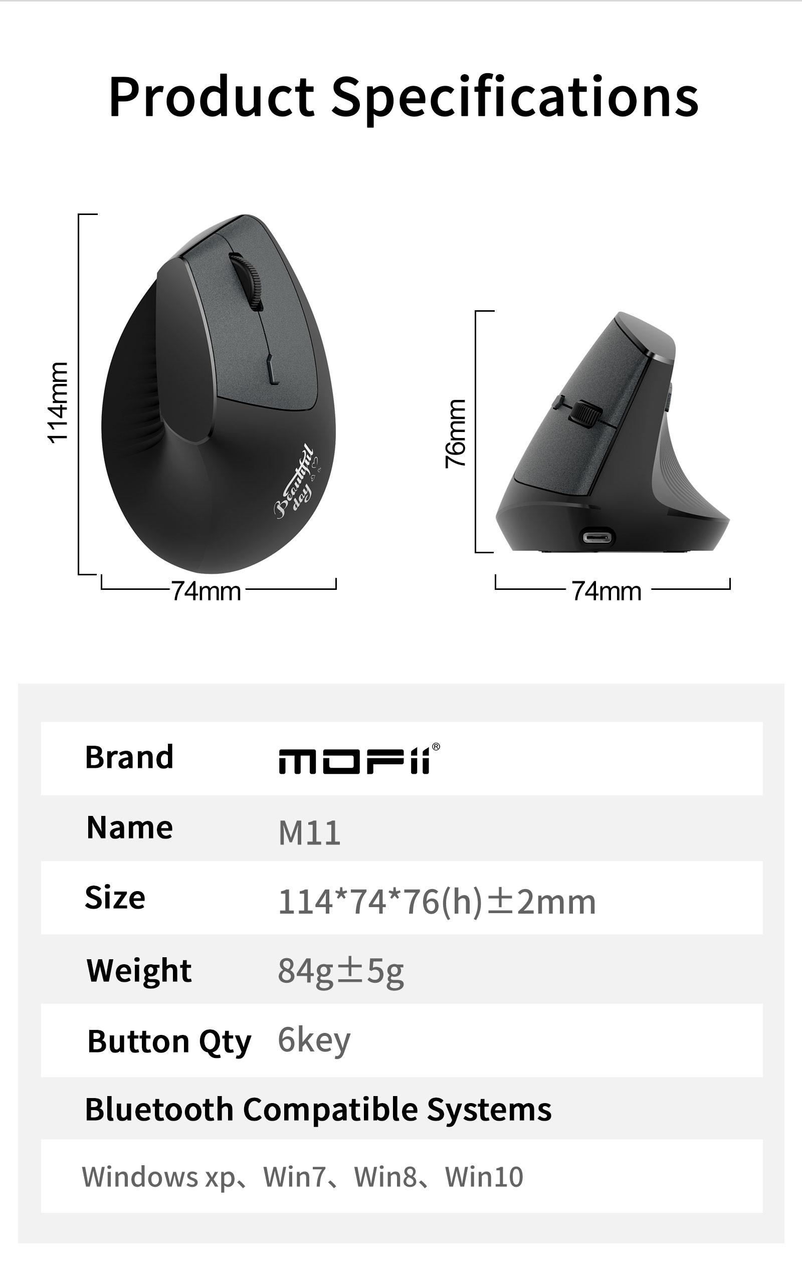 Mofii M11 Dual-Mode Rechargeable Vertical Mouse, Ergonomic Wireless Office Mouse, Classic, Wrist Support, Universal for Tablets Laptops Desktops