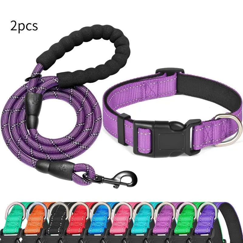 Nylon Webbing Adjustable Dog Collar Reflective Design Pet Collar Set Leash Included With Dog Leash