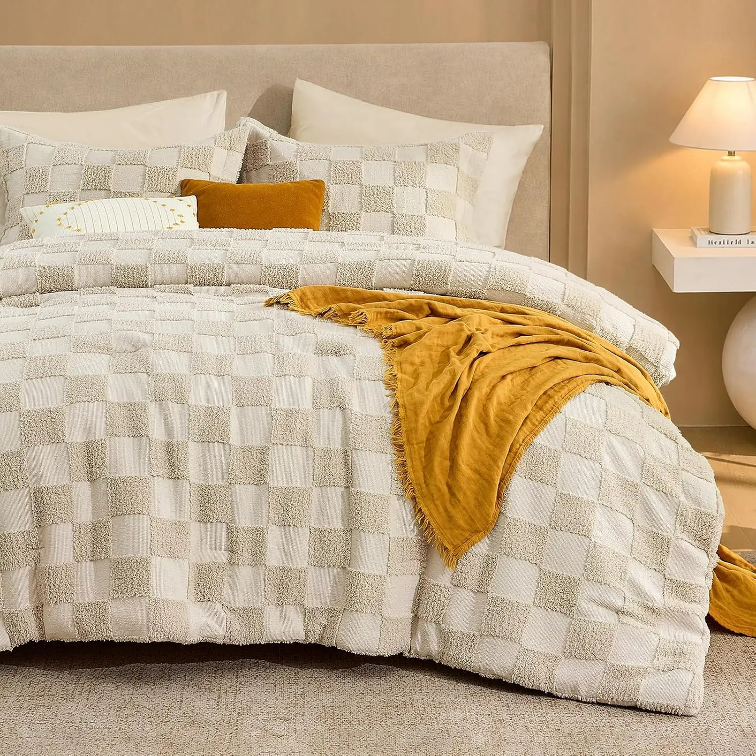 Checkered Comforter Queen Set, 3 PC Boho Bedding, Tufted Bed, Beige