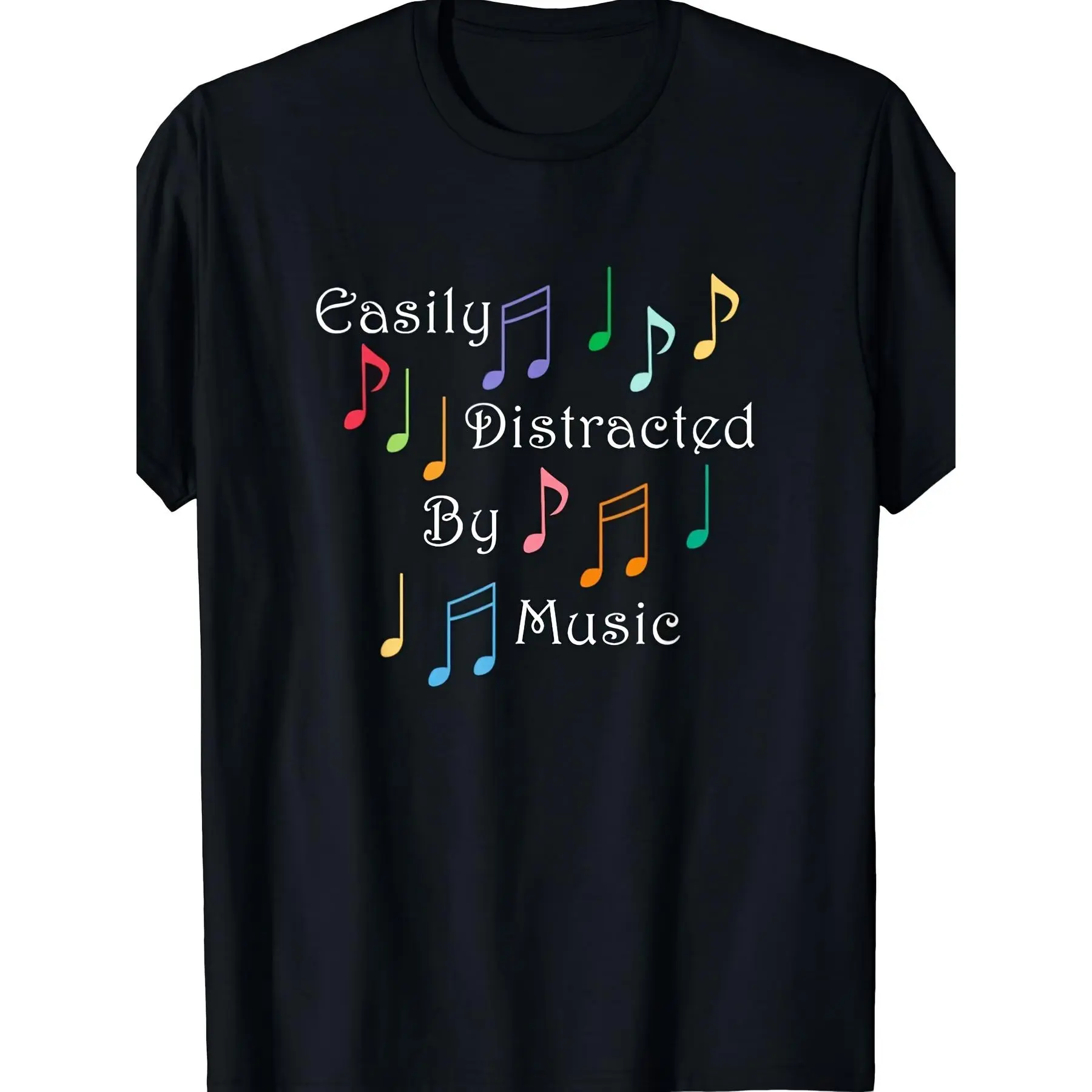 Easily Distracted by Music Graphic T‑Shirt, Multi‑Color Musical Notes Print, Retro Casual Crew Neck Printed Top, Casual All‑Season Wear, Ideal for Music Enthusiasts