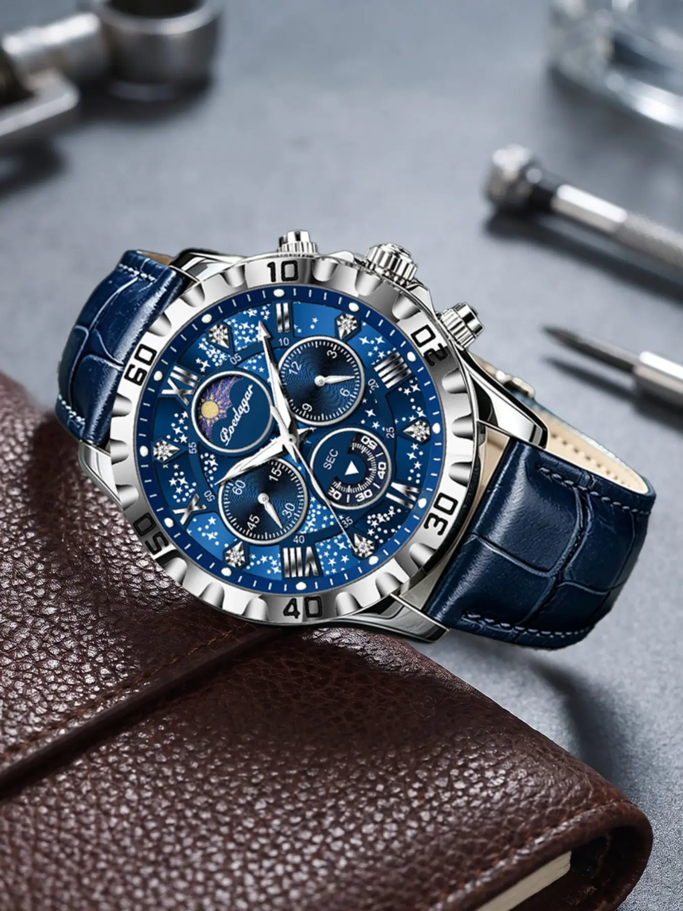 POEDAGAR luxury leisure multifunctional quartz leather men's watch, Quartz Analog Wristwatch, waterproof timing men's quartz watch suitable for daily wear and outdoor activities men's fashion sports watch, Quartz Analog Watches