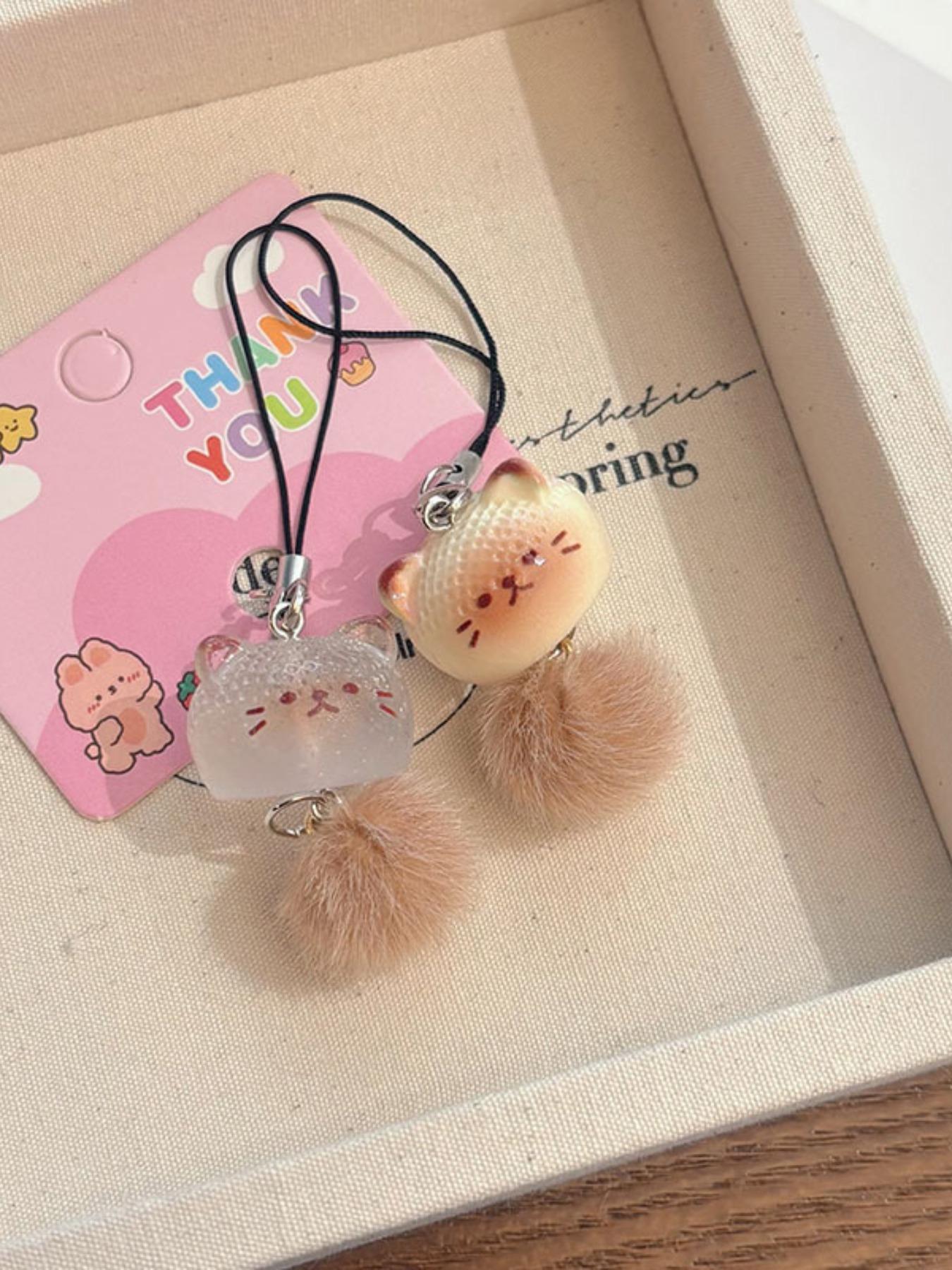 2 Piece Plush Cat Cartoon Keychain Phone Strap Backpack Charm Couple Friendship Gift, Cute Plain Design, All Seasons Accessory