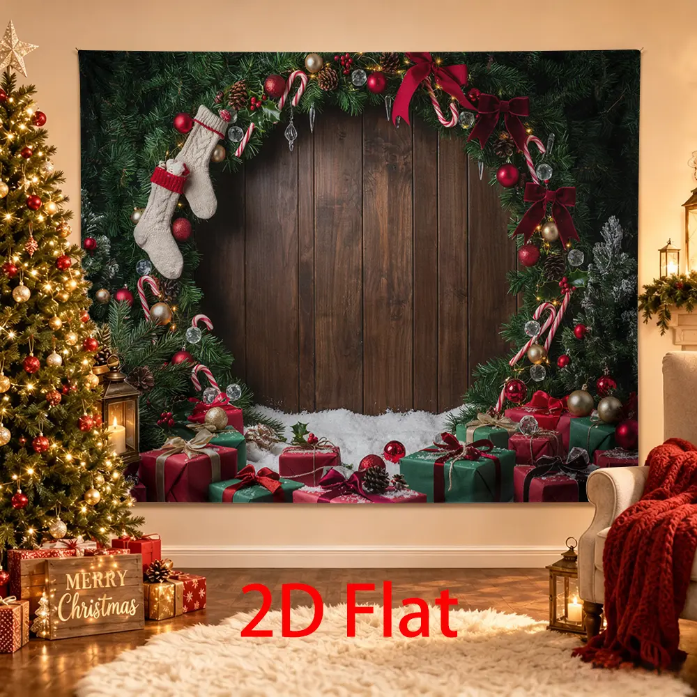 Rustic Christmas Backdrop Wood Look Pine Garland Stockings Gifts Photo Background