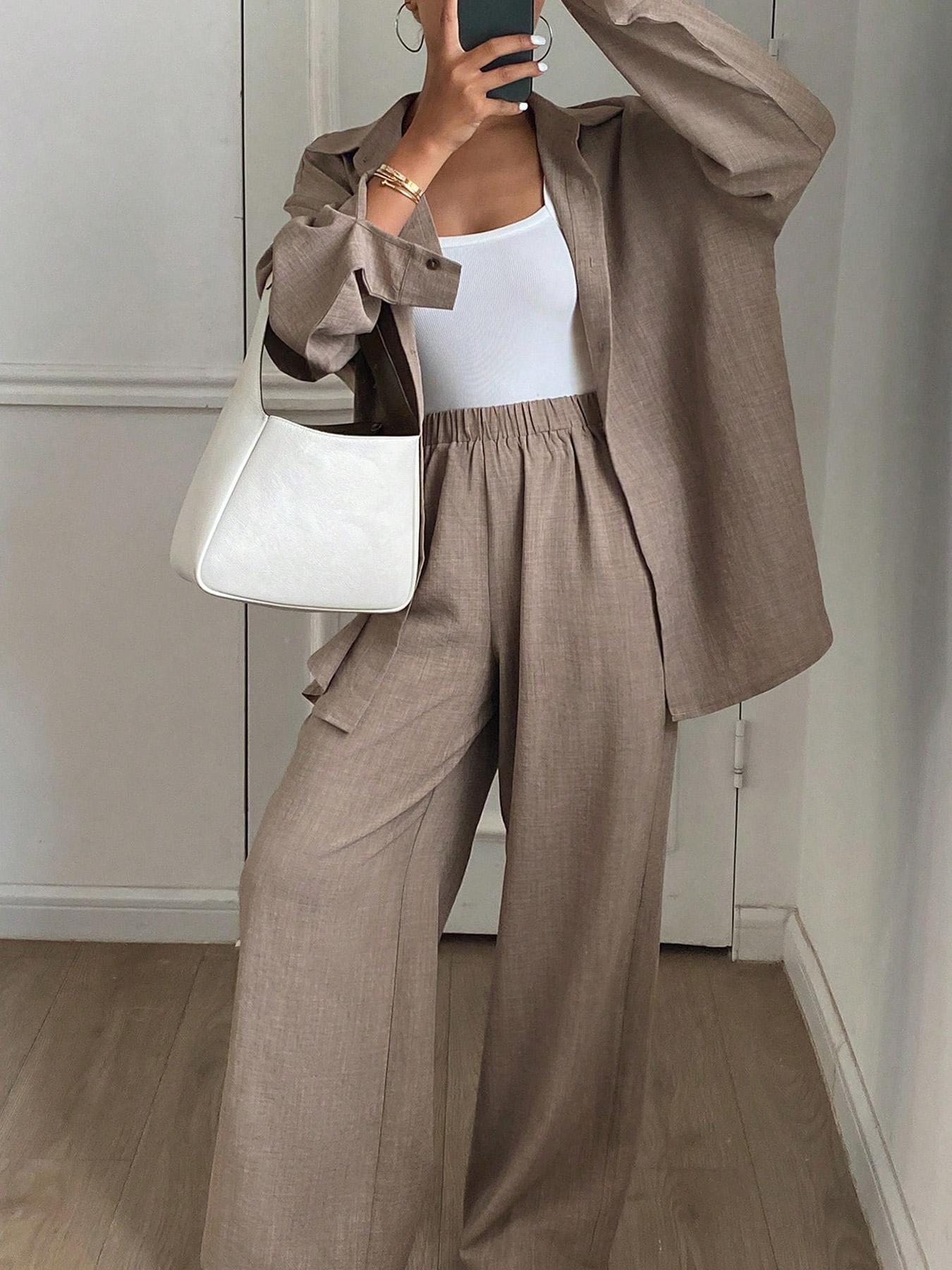 Women's Casual Loose Long Shirt, Comfortable Fall Winter Fabric Top, Simple Design Daily Wear Blouse, Fashion Home Clothes Set