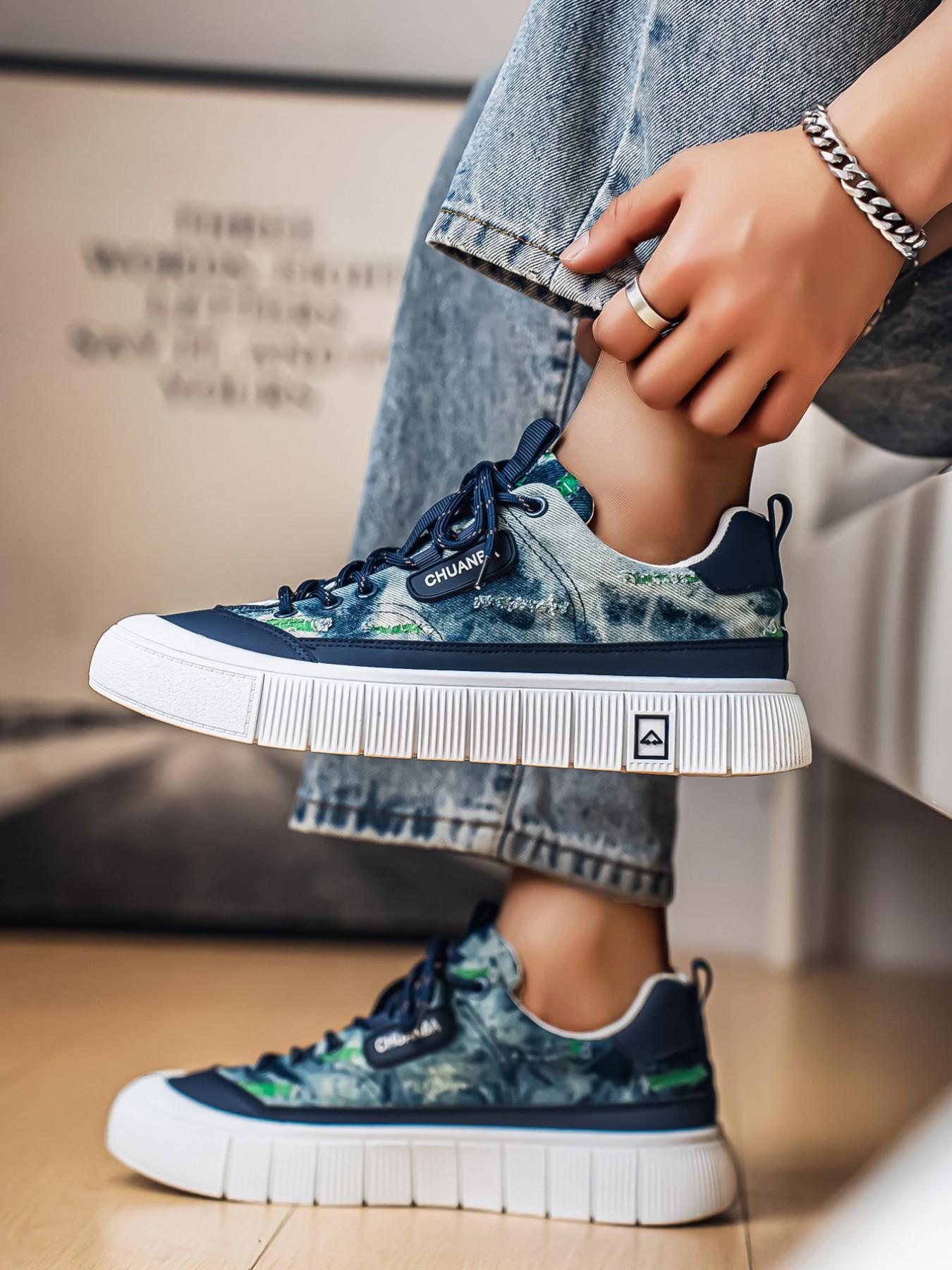 Men's Vintage Denim Style Thick Sole Sneakers, Ripped Design Casual Canvas Shoes, Soft Breathable Height-Increasing Boardwalks, Sizes 39-44