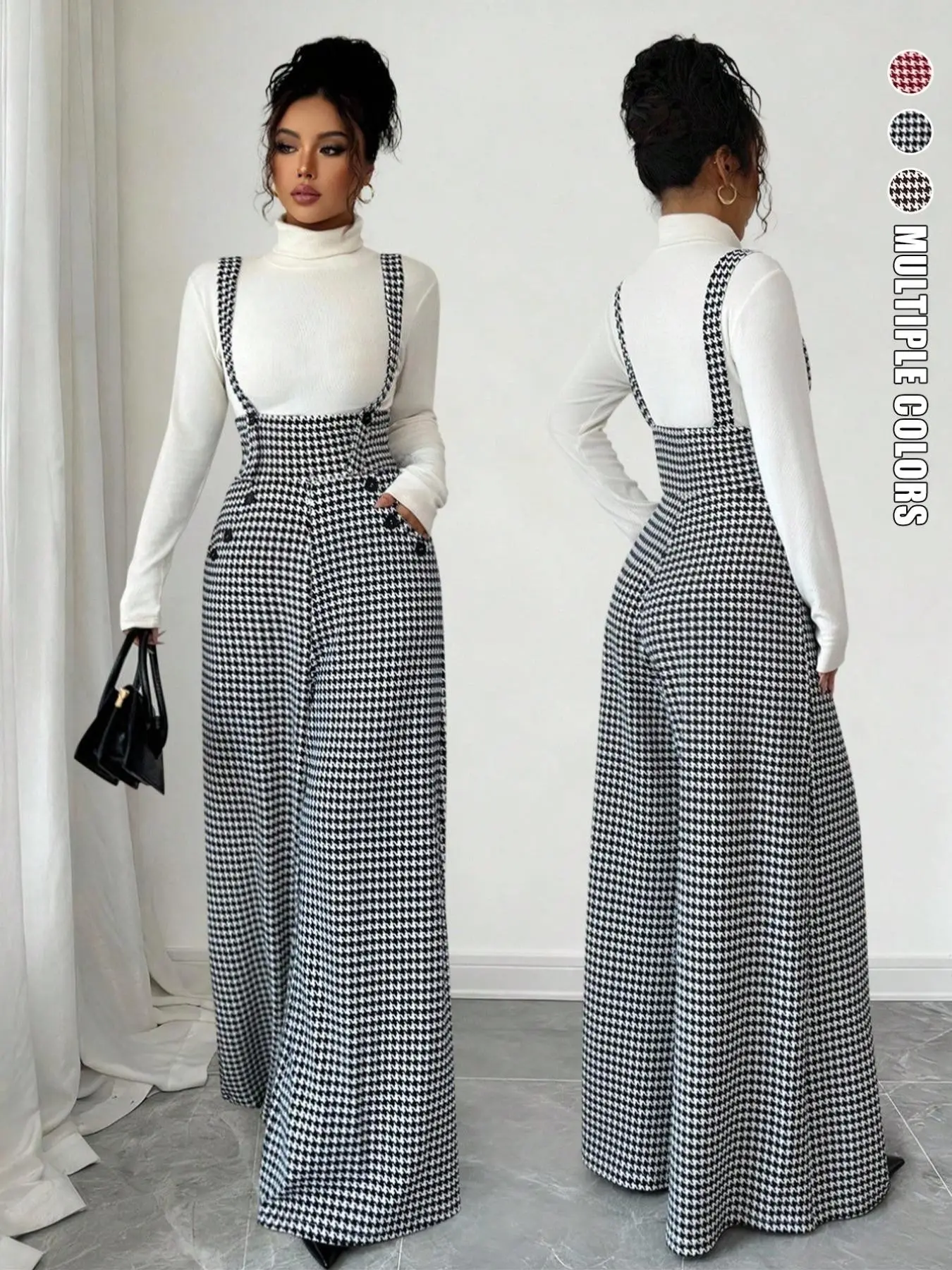 Women's Knitted Plaid Print Houndstooth Wide Leg Pants, Front Pocket Button Design, Fashionable Elegant Daily Commuter Overalls, Fall Winter, Womenswear