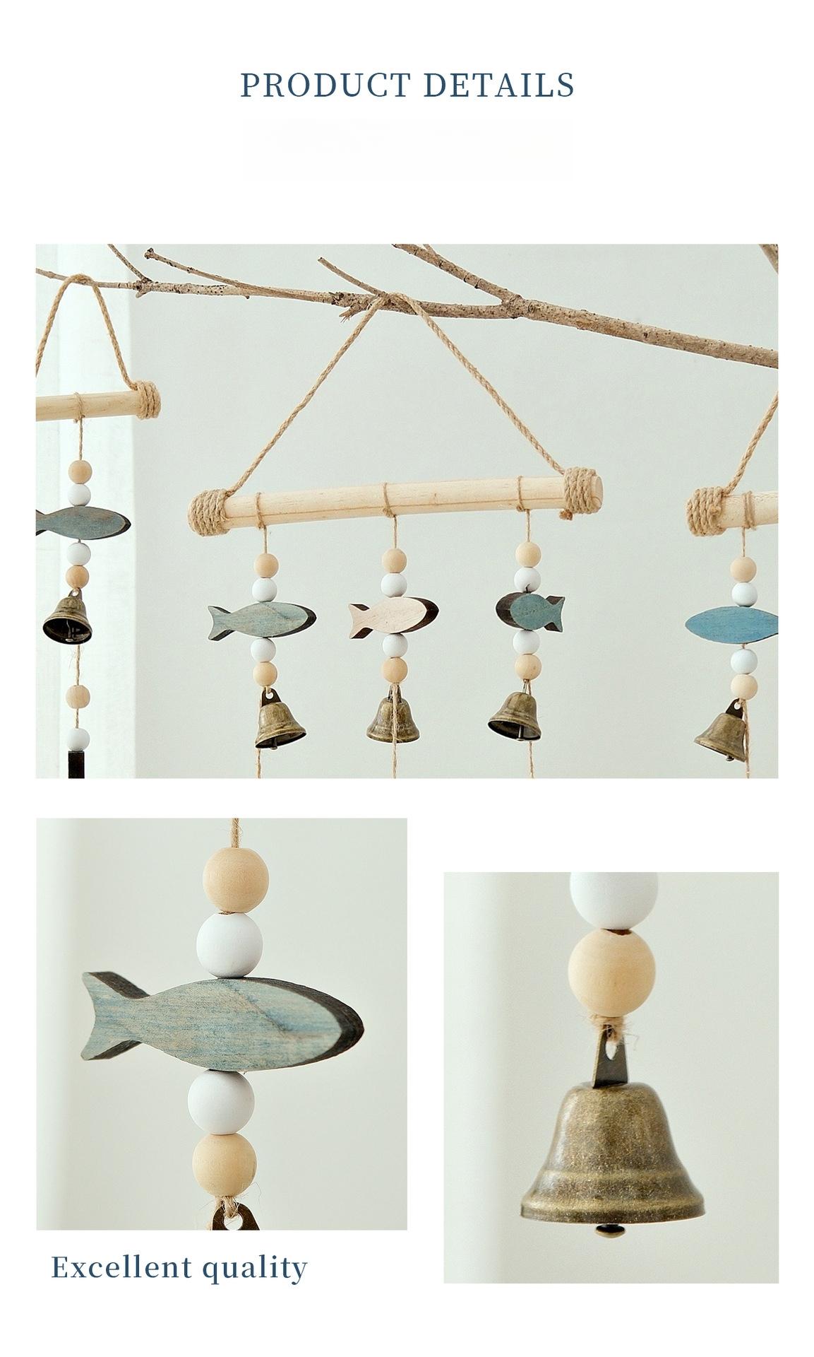 New Product Mediterranean Style Double-Sided Fish String Bell Wind Chime Pendant Wall Decoration Solid Wood Hemp Rope Creative Nordic Wall Hanging Ornament Home Decor Ornaments Wall Hanging Design