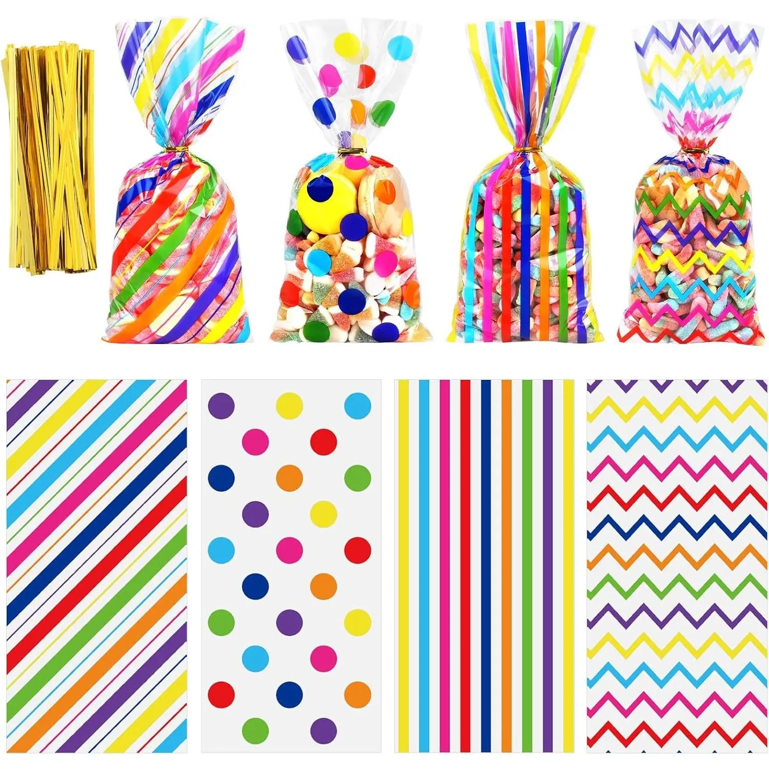 100 Pack Rainbow Cellophane Bags 10.6 x 5.1 Inch Plastic Candy Bags Gift Bags Goodie Bags with Twist Ties for Valentine, Birthday, Gift Cookie Snack Packing Party Favor Supplies