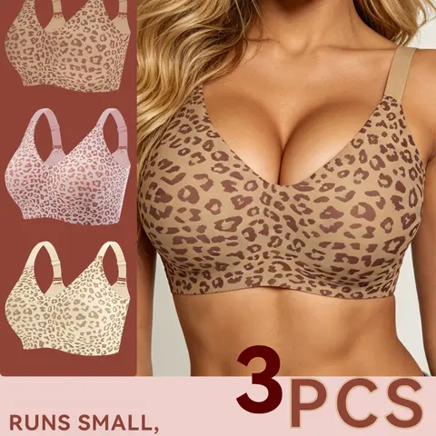 3-Piece Set Women's Fashionable Sexy Small-Sized Jelly-Strip Soft Support Sexy Leopard Print Bras Adjustable Strap Bra Bra Pack