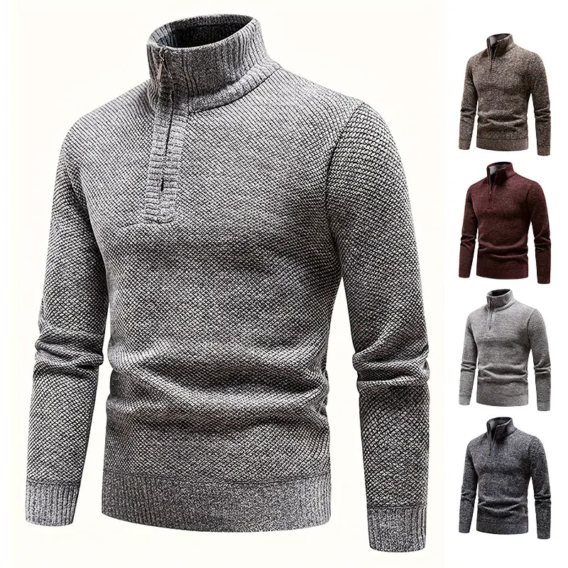 Autumn and Winter Mens Wear Half Zipper Stand up Collar Thickened Velvet Knitted Sweater Soft Warm Long Sleeve Basic Sweater No Hoodie Design Versatile Daily Layering Coat Lightweight Thermal Pullover Casual Knit Top