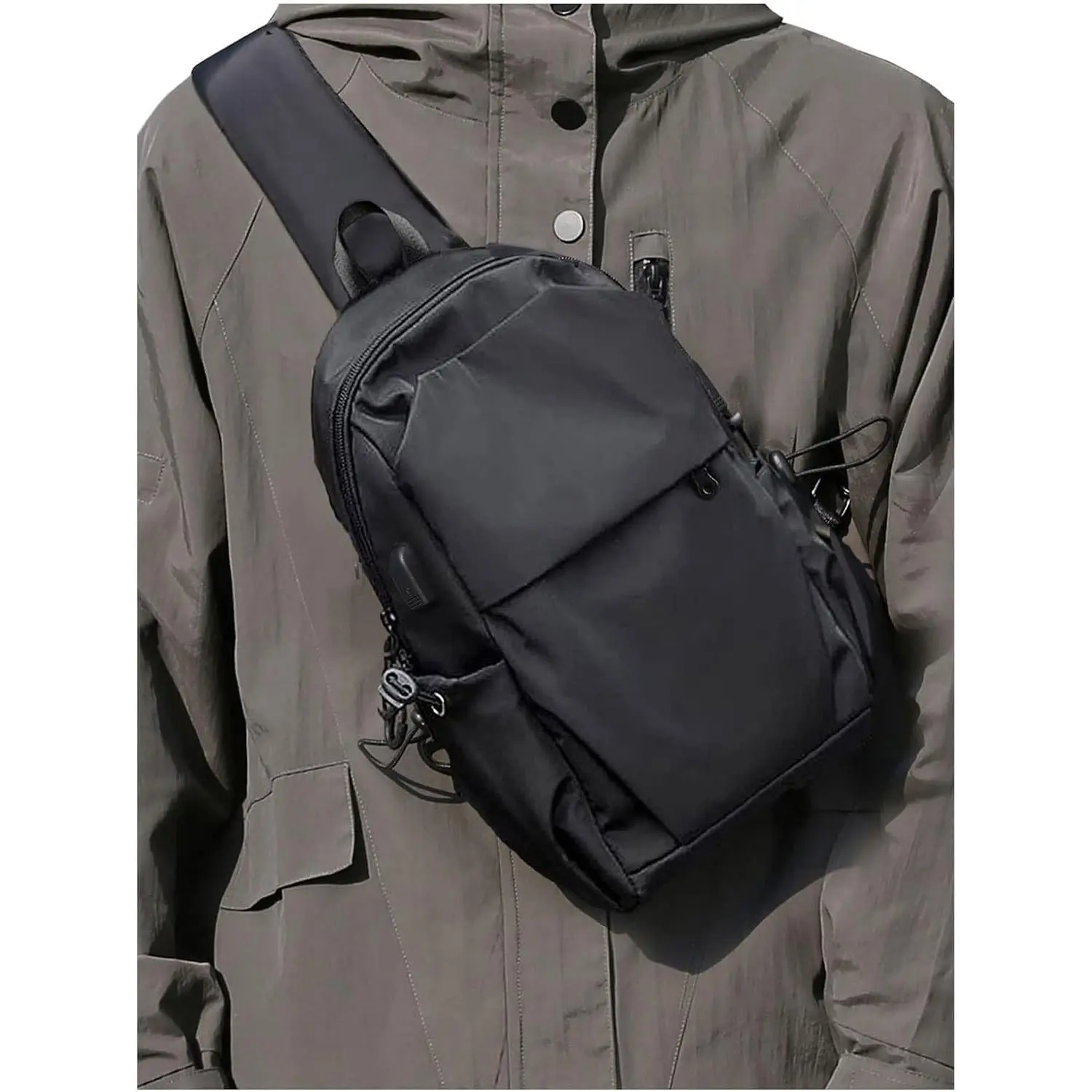 Small Black Sling Crossbody Backpack  Bag for Men Women, Lightweight  Strap  Pack Sling Bag Backpack for Hiking Walking Biking Travel Cycling USB Charger Port-Nylon