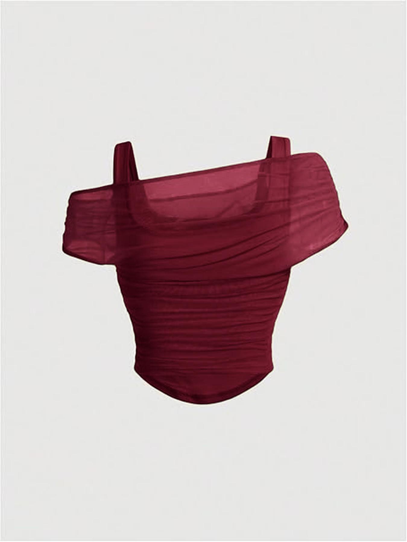 Women's Asymmetric Neckline Ruched Crop Top - Trendy Mesh Blouse for Club, Date Night & Vacation Women's Asymmetric Neckline Ruched Crop Top - Trendy Mesh Blouse for Club, Date Night & Vacation