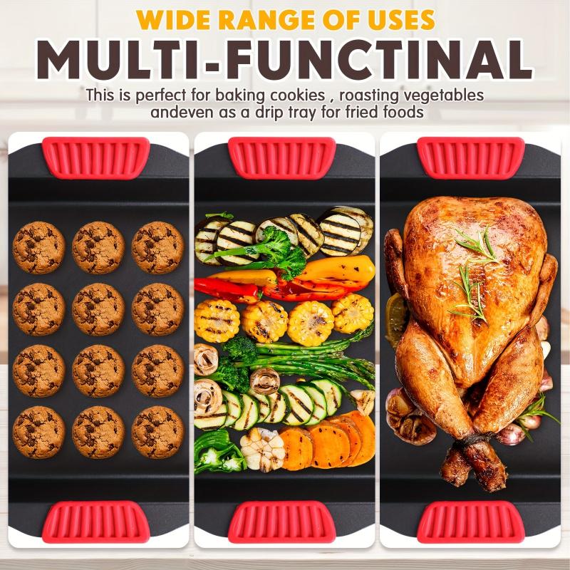 2-Piece Non-Stick Bakeware Set, Carbon Steel Baking Pans with Heat-Resistant Red Silicone Handles, ,Cookie Sheets, Baking Trays, Black