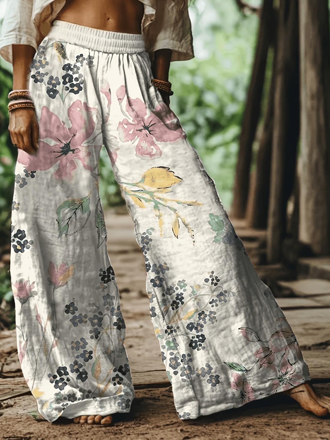 Women's Casual Bohemian Style Boho Floral Print Wide-Leg Loose Baggy Pants, Comfortable & Breathable Elastic Fabric, Ideal for Vacation, Home and Daily Wear, Suitable for Spring, Summer and Fall