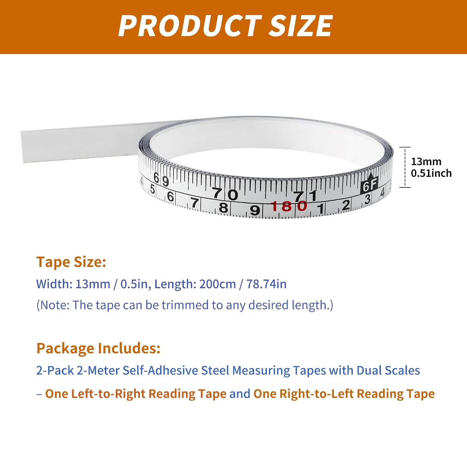 2-Pack Steel Self-Adhesive Measuring Tape,  & Metric Stick- Ruler, Left to Right and Right to Left Reading Tape Measure for Woodworking, Workbench, Table , Drafting Table, 200cm/78Inch
