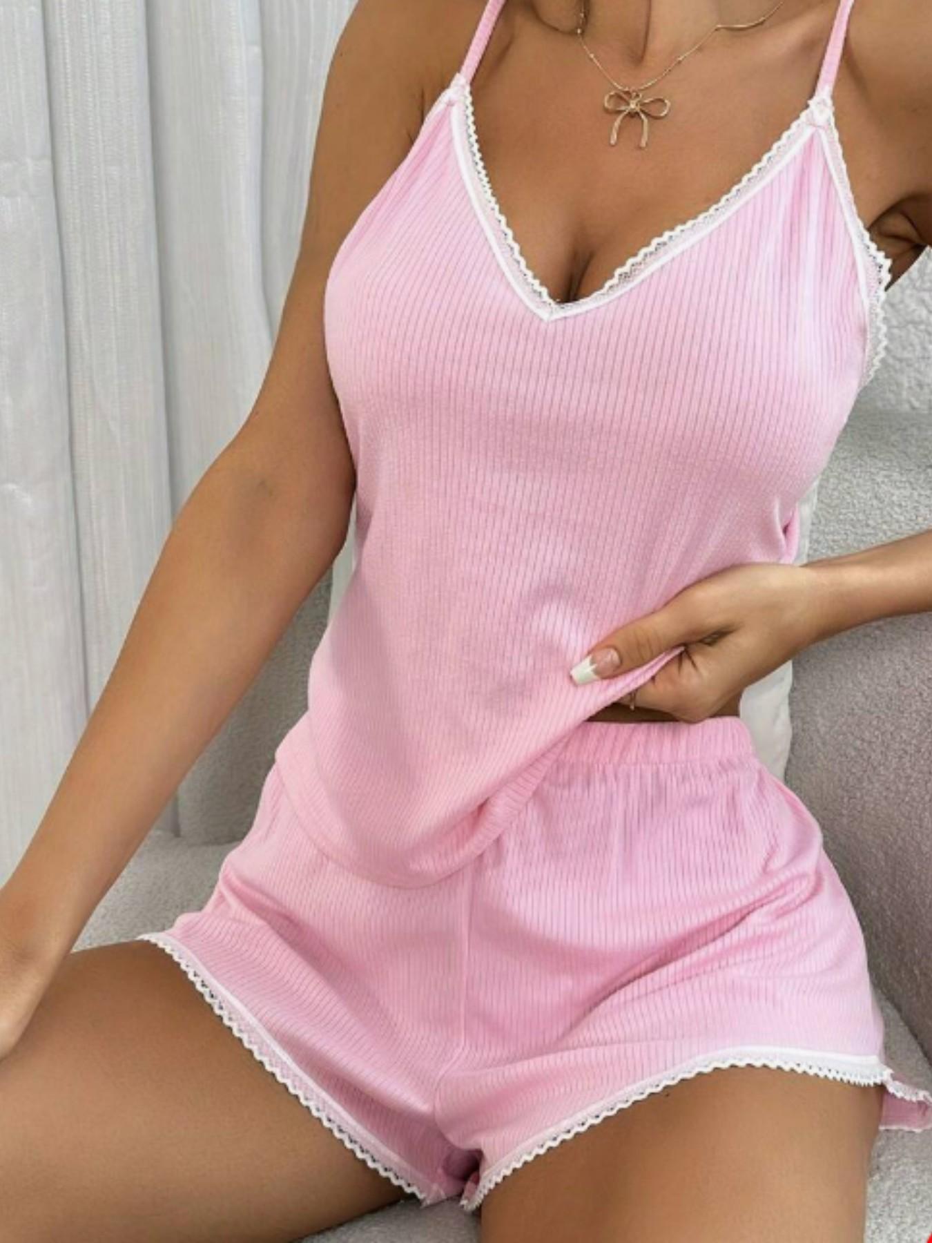 2-Piece Knit Lace Trim Tank Top Pajama Set for Women, Soft and Comfortable Casual Sleepwear, All Seasons Slim-Fitting